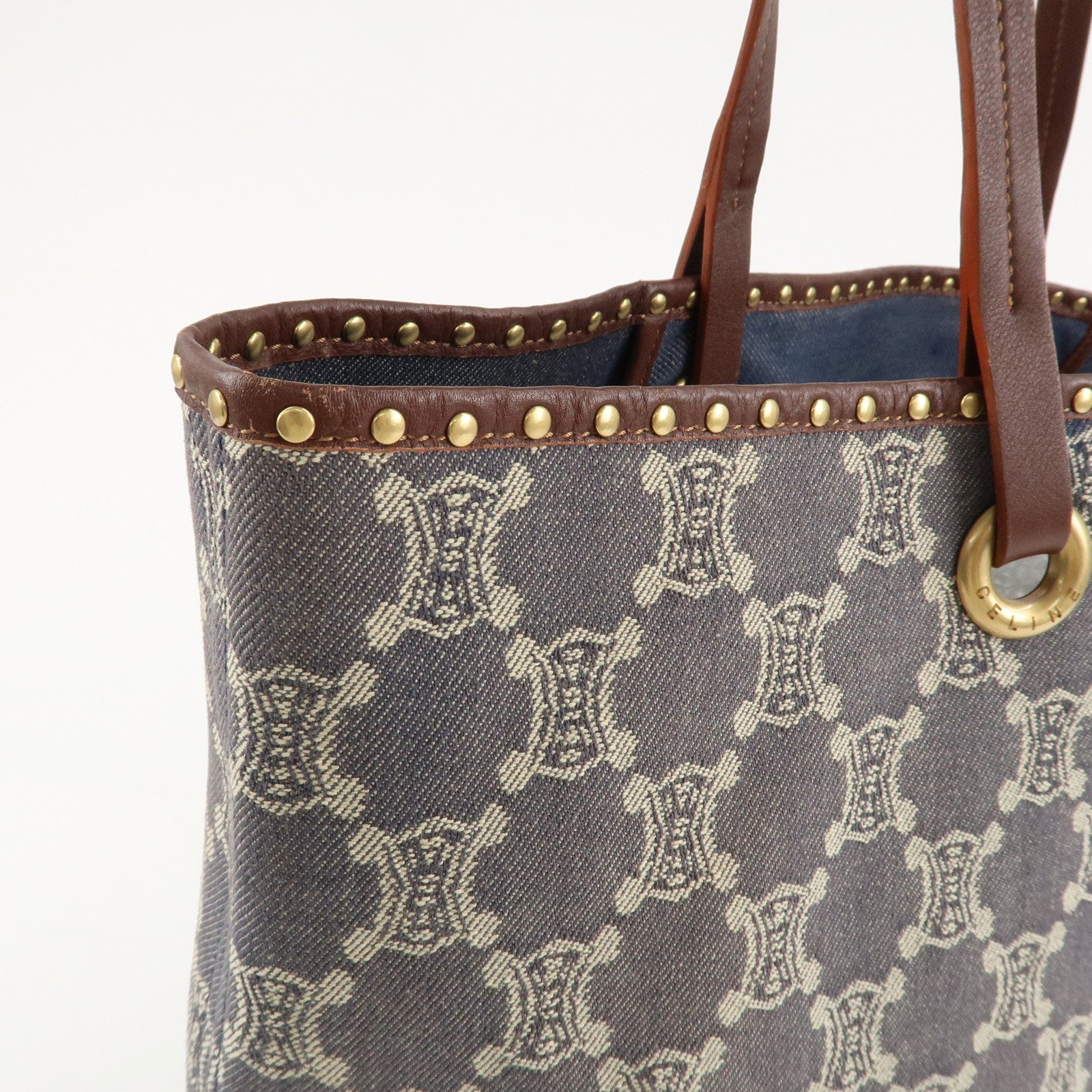 CELINE Macadam Denim Leather Studs Tote Bag Navy Brown Used