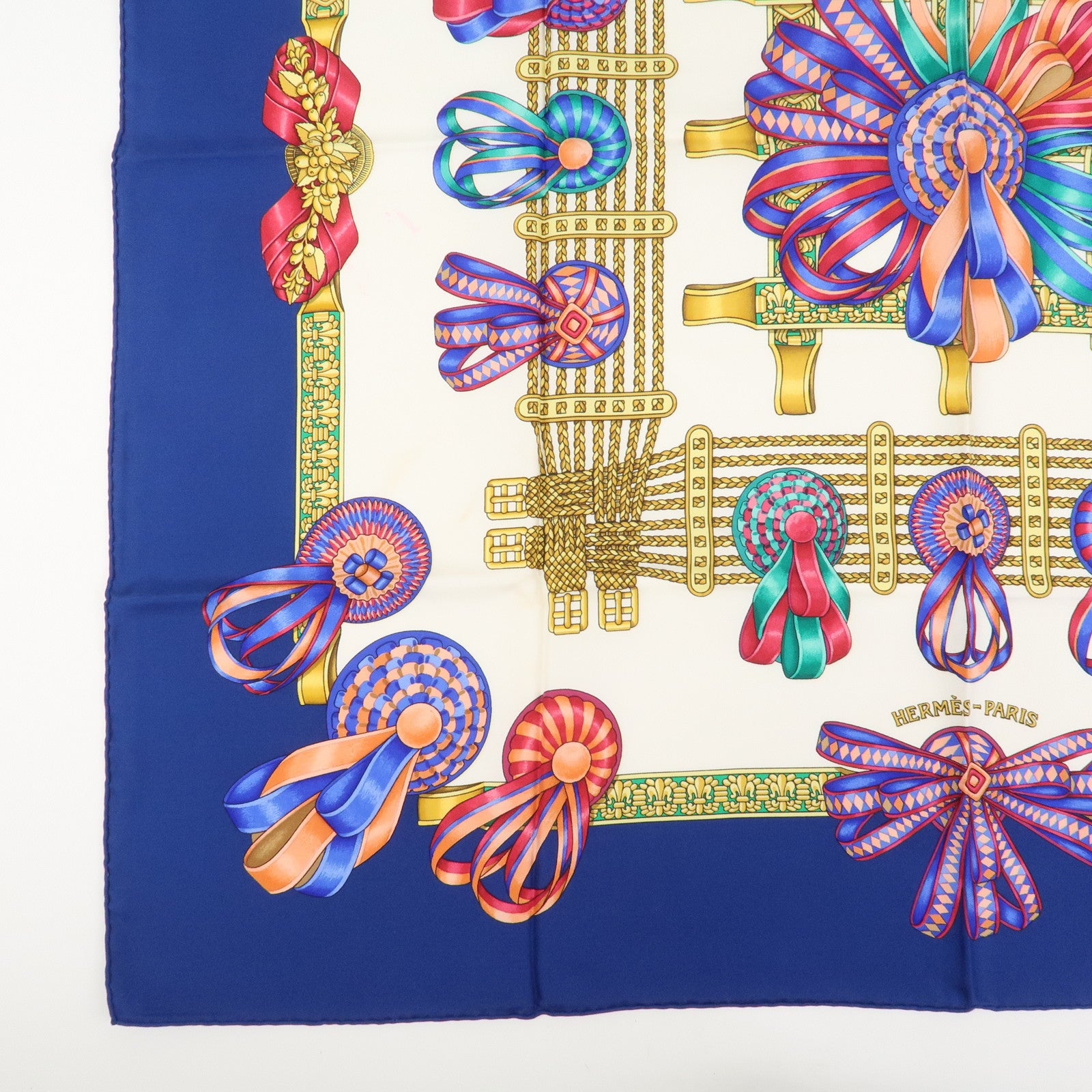 HERMES Carre 90 Silk 100% Scarf LES RUBANS DU CHEVAL Blue White