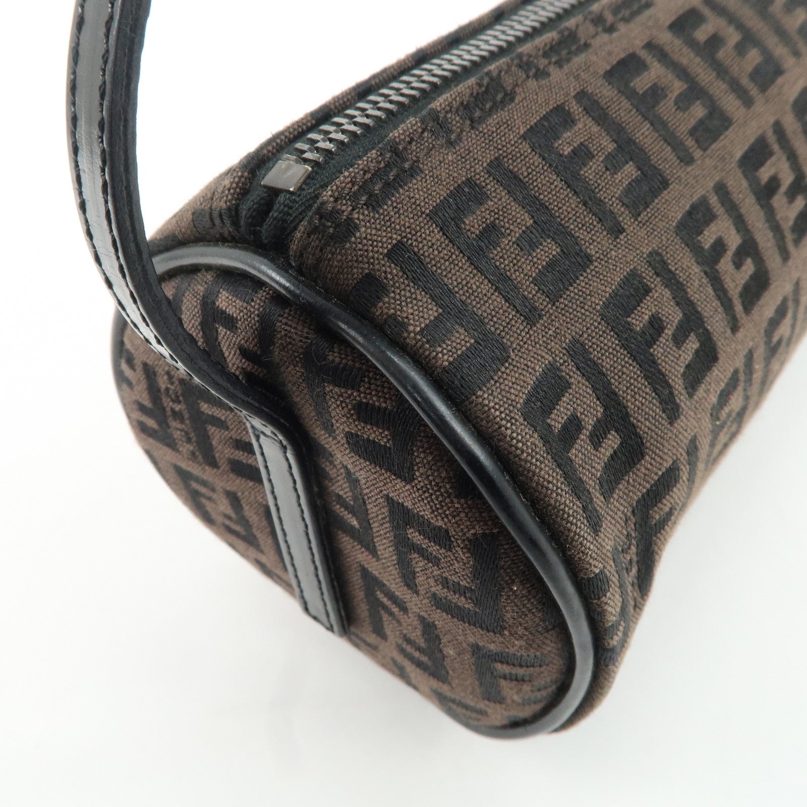 FENDI Zucchino Canvas Leather Pouch Hand Bag Black Brown 7N0016