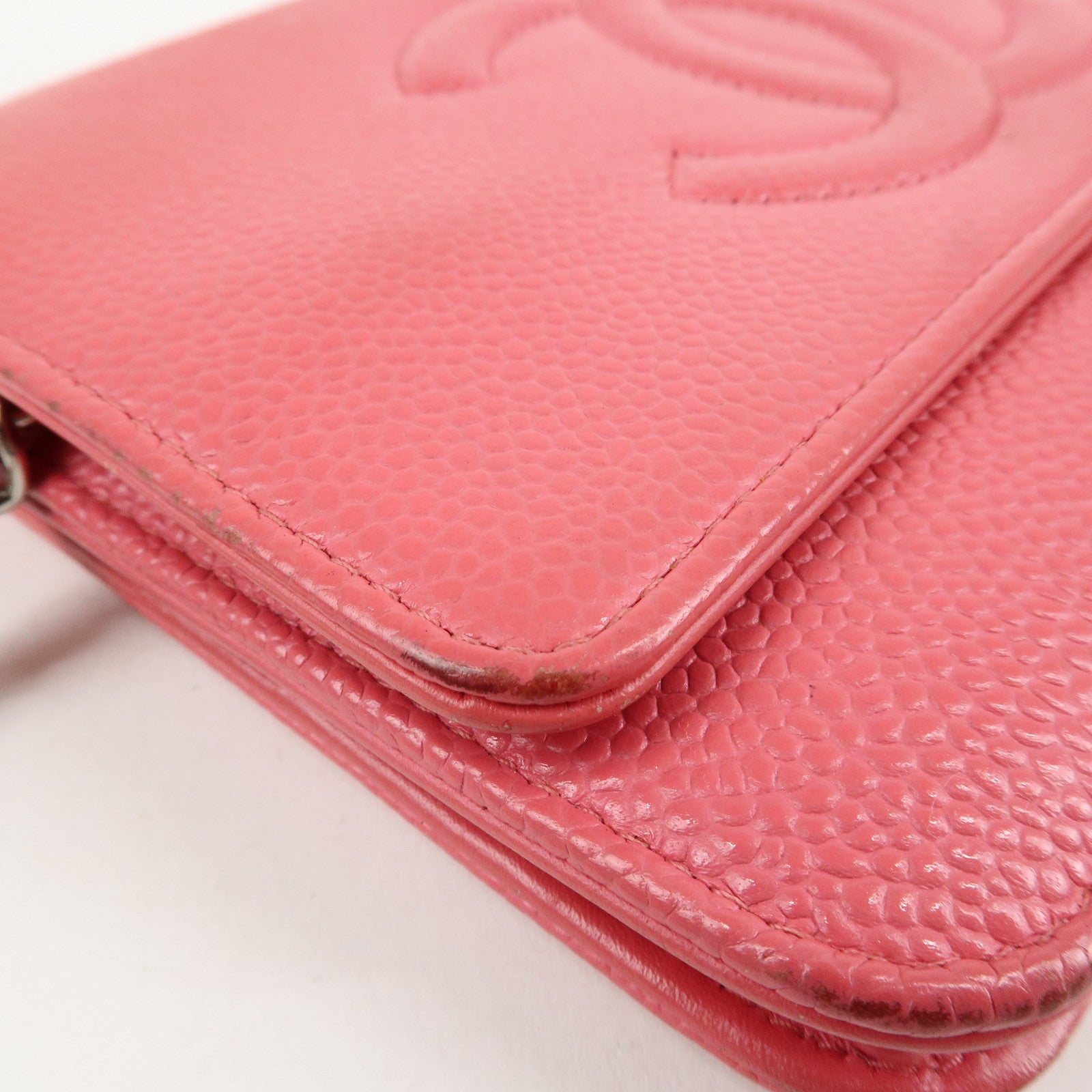 CHANEL COCO Mark Caviar Skin Chain Wallet WOC A48654 Pink Used