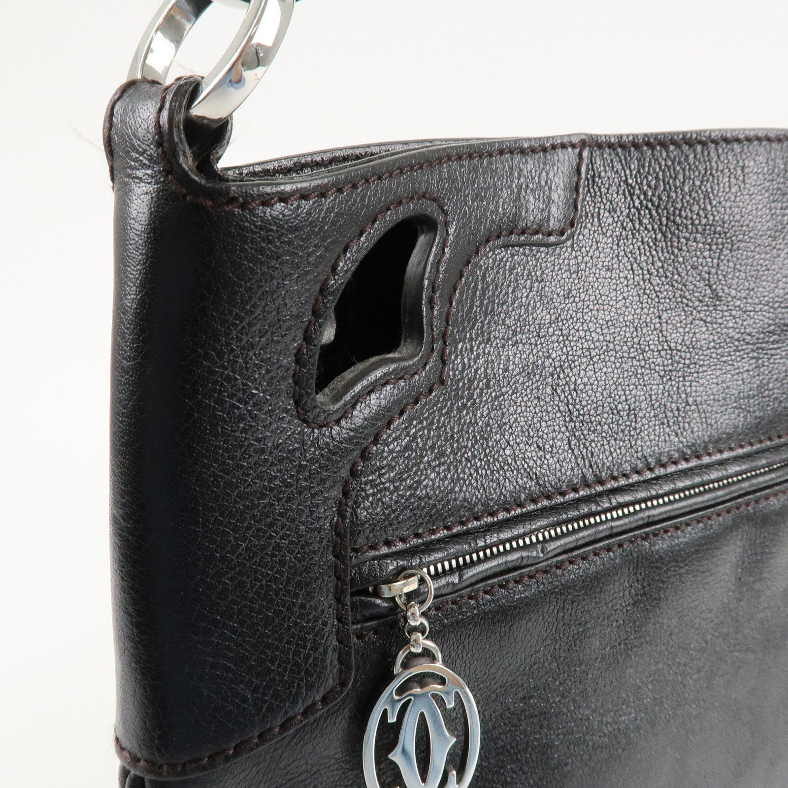 Cartier Leather Shoulder Bag Tote Bag Hand Bag Black Used