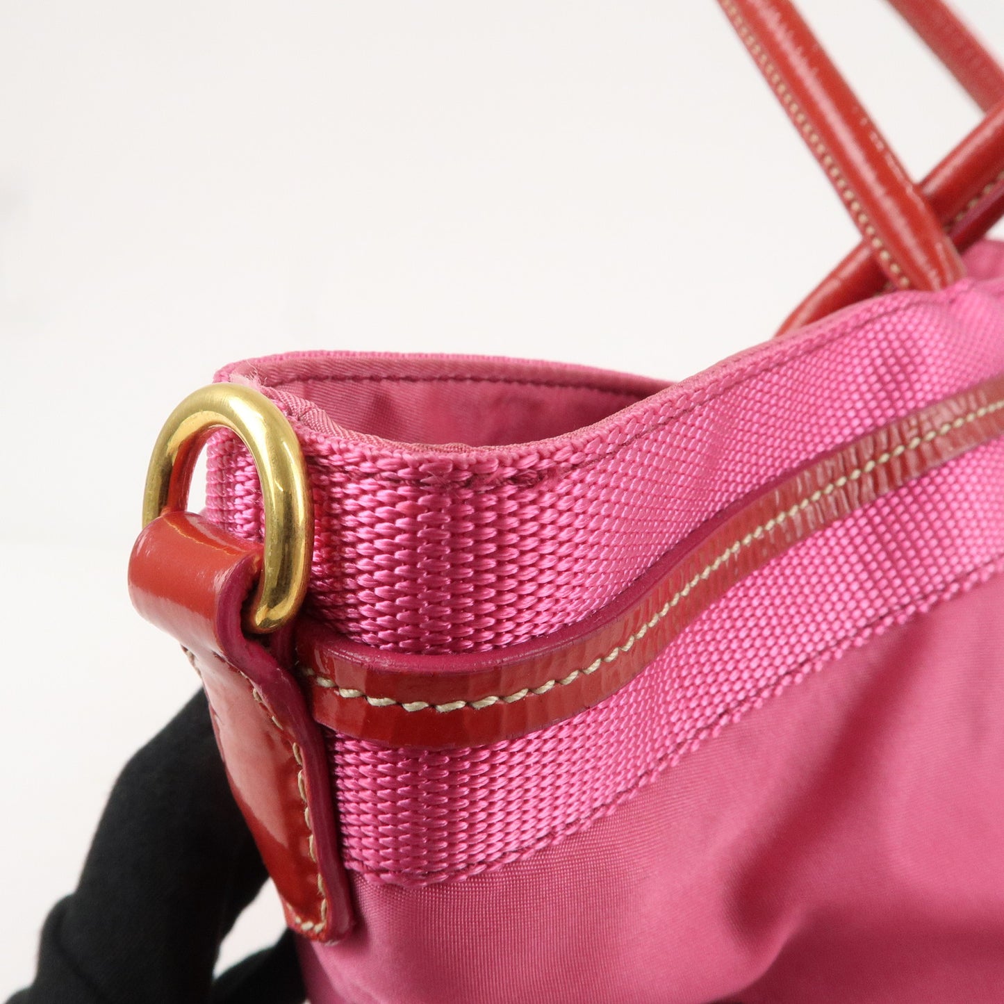 PRADA Nylon Patent Leather Logo Tote Bag Pink Red