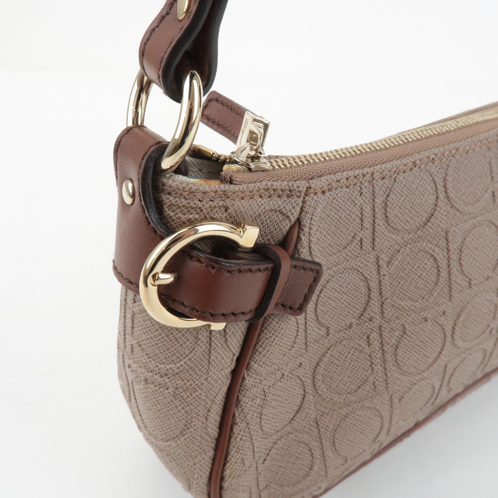 Ferragamo Gancini PVC Leather Shoulder Bag Pink Beige Brown Used