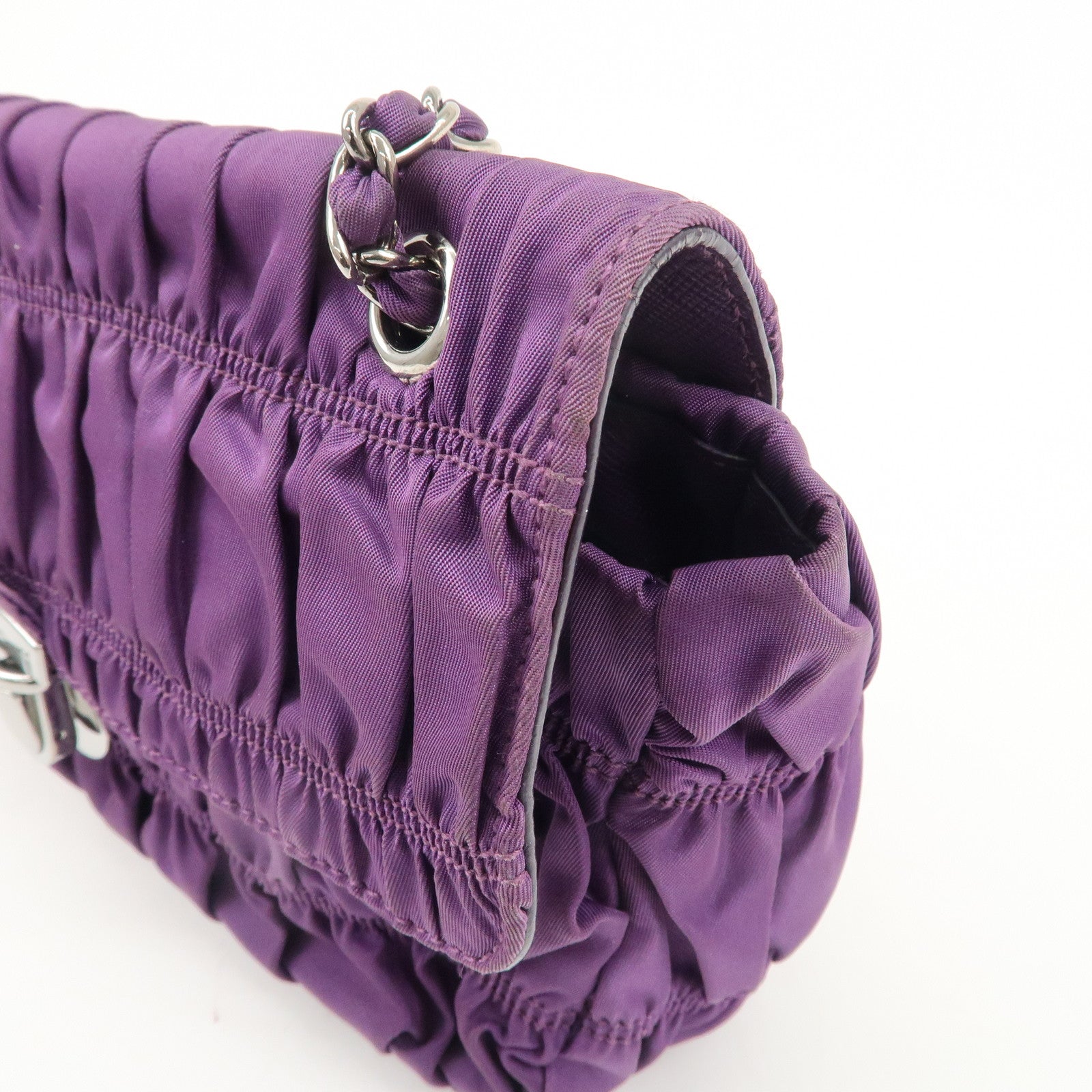 PRADA Nylon Leather Gathered Shoulder Bag Purple BR4609