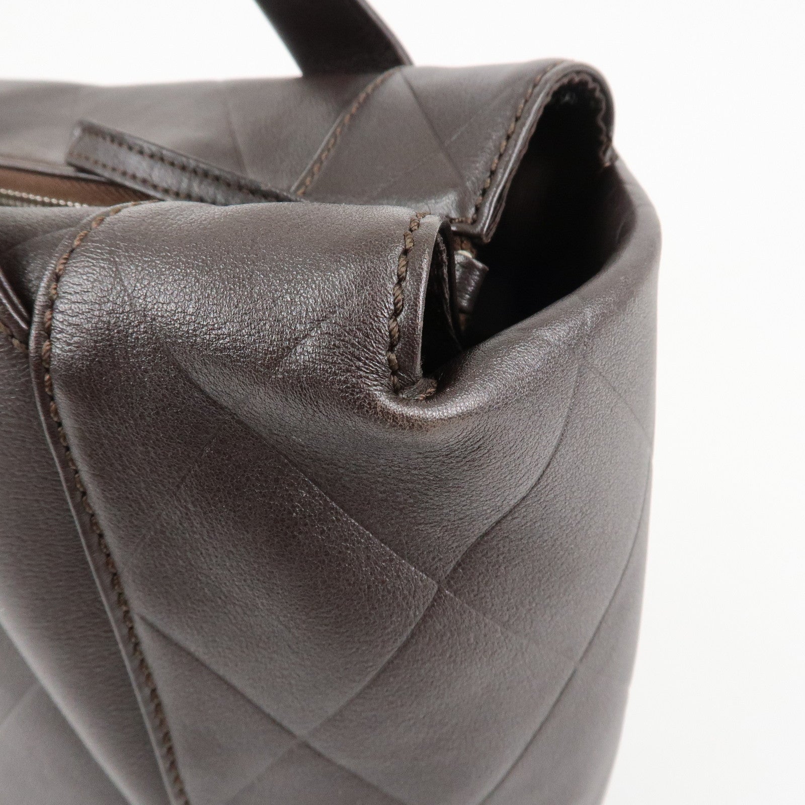 CHANEL COCO Mark Shevron Lamb Skin V Stich Tote Bag Dark Brown Used