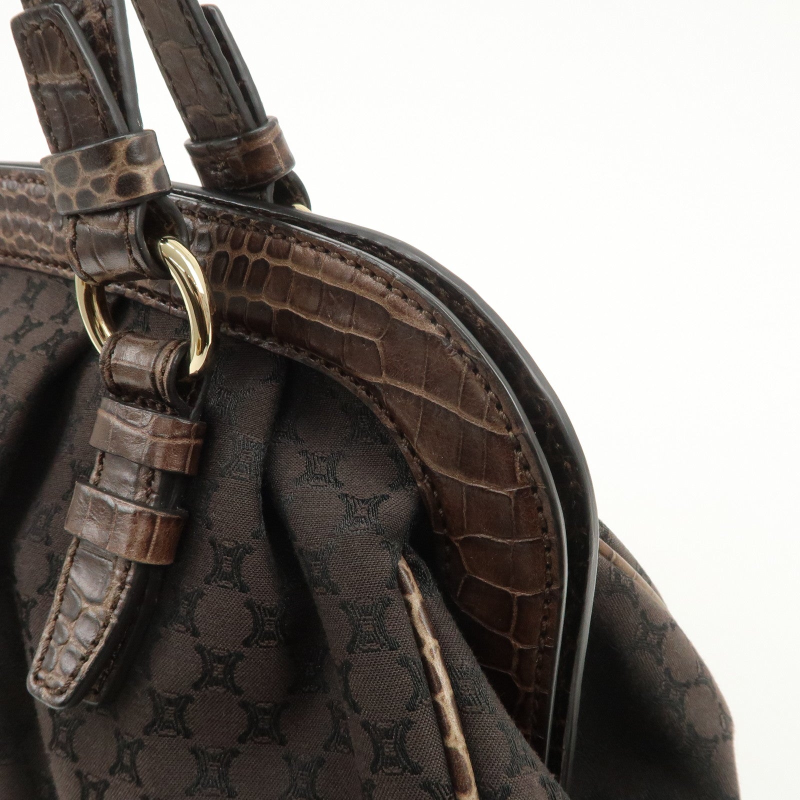 CELINE Macadam Canvas Leather Shoulder Bag Fringe Brown Used