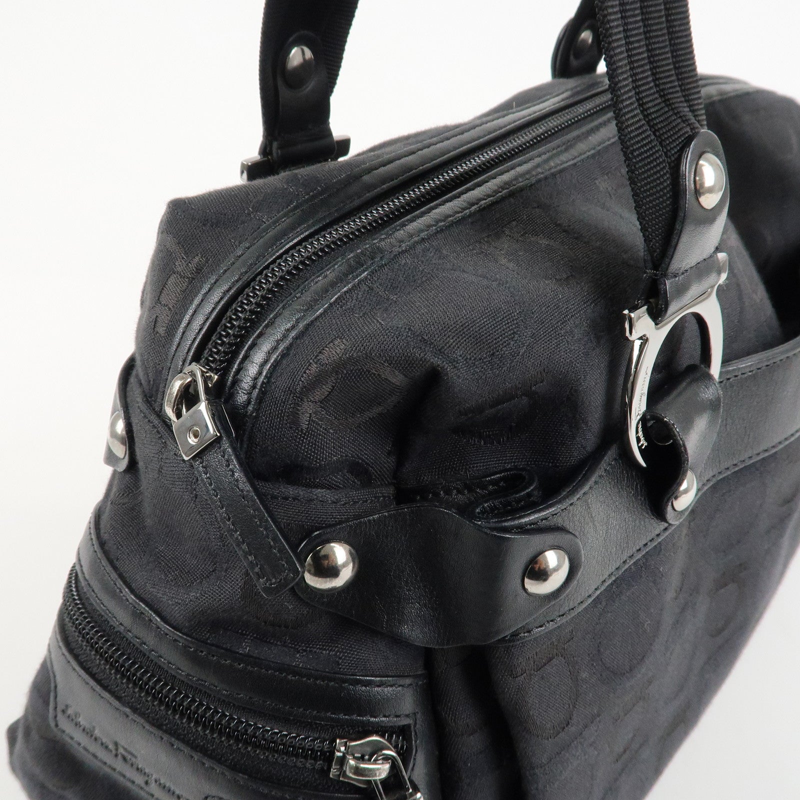 Ferragamo Gancini Pattern Canvas Leather Boston Bag Black Used