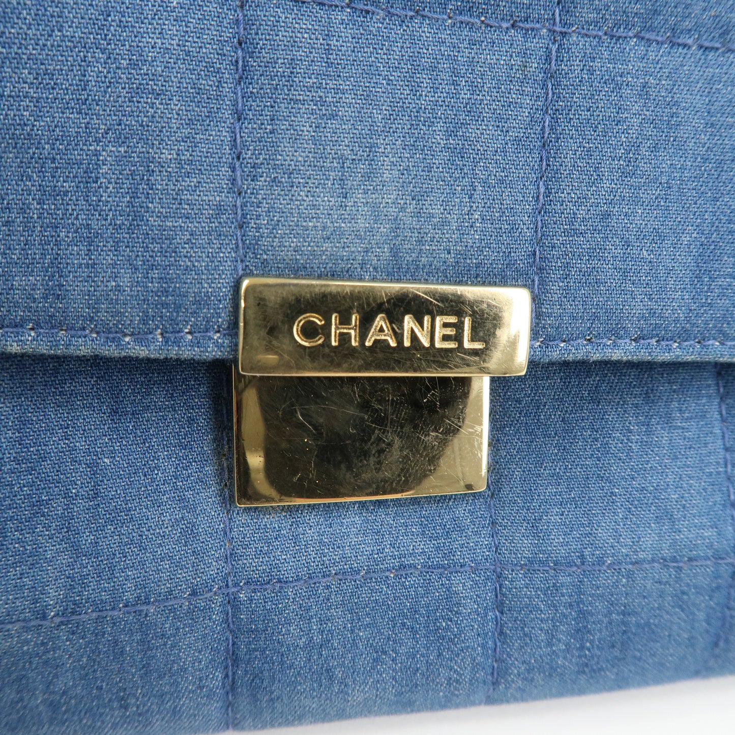 CHANEL Chocolate Bar Denim Leather Chain Wallet Blue