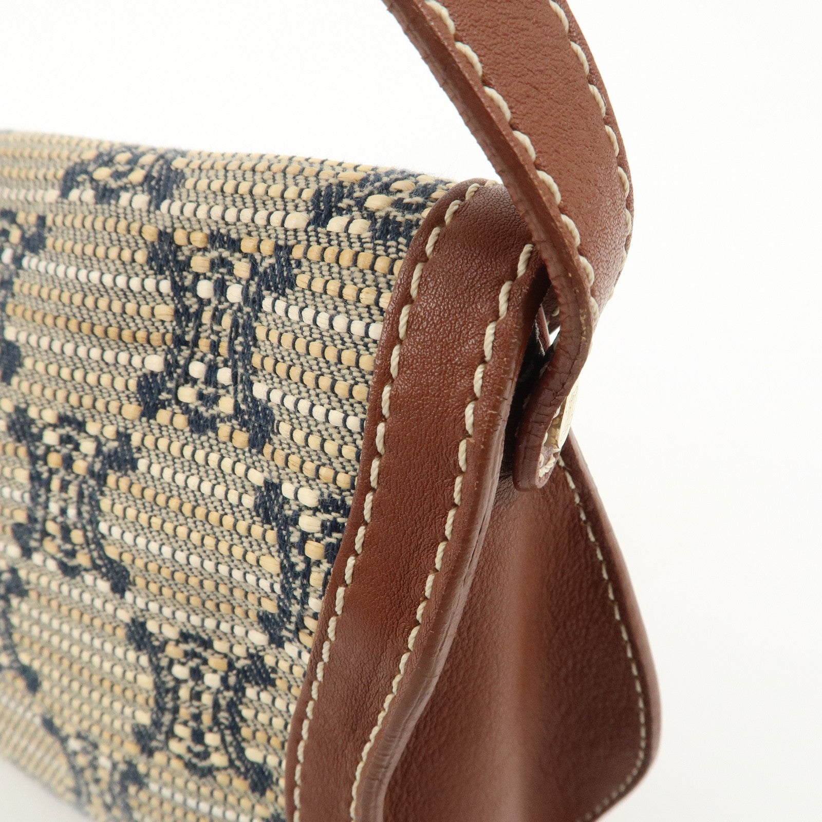 CELINE Macadam Canvas Leather Shoulder Bag Beige Navy Brown Used