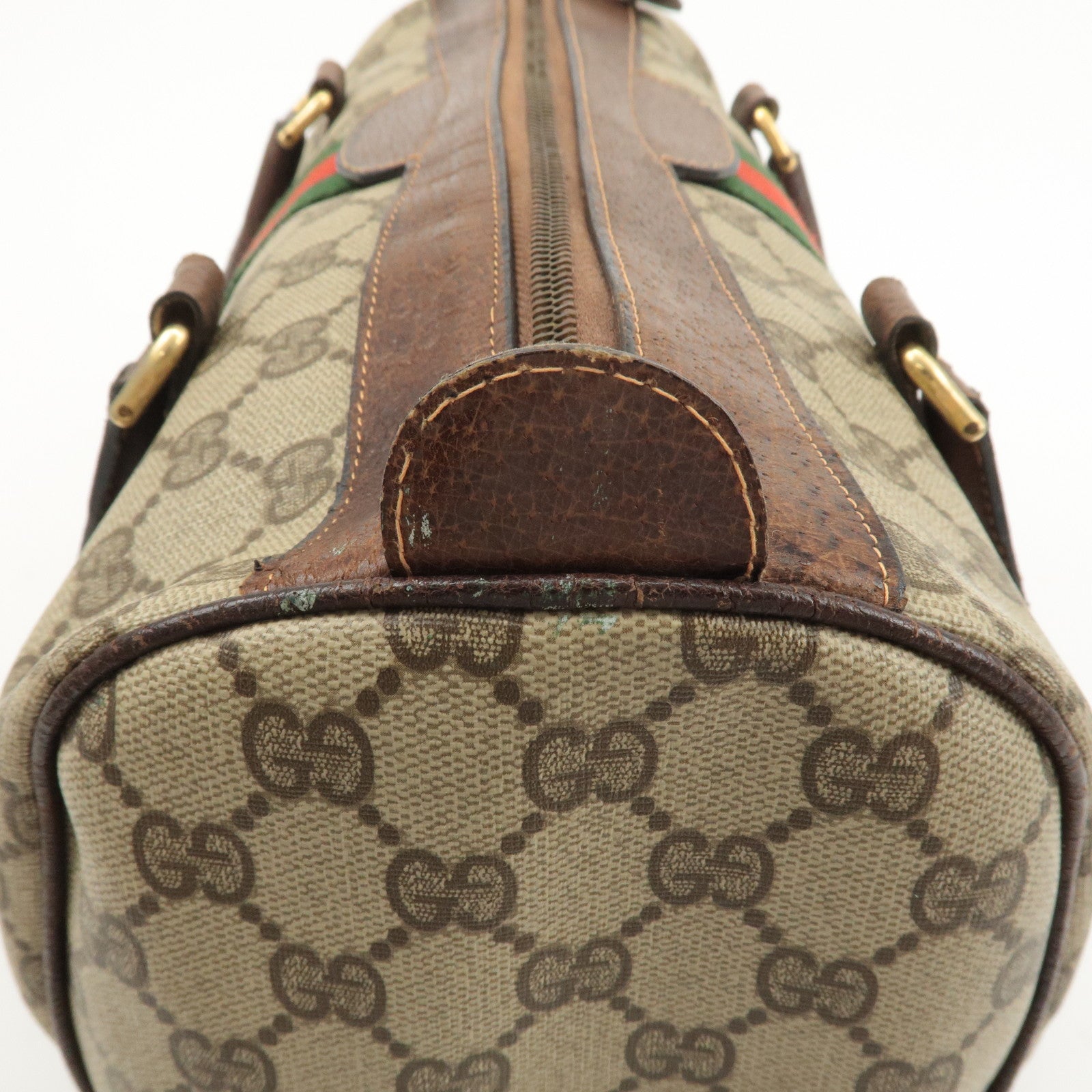 GUCCI Old Gucci Sherry GG Plus Leather Boston Bag Beige Brown