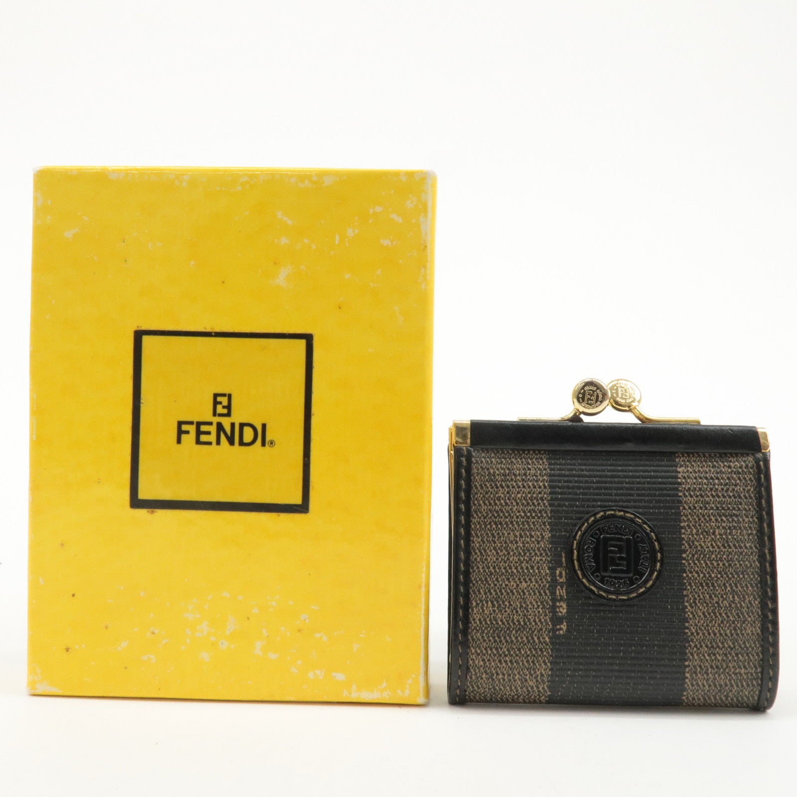 FENDI Pequin PVC Leather Coin Case Black Brown 30900