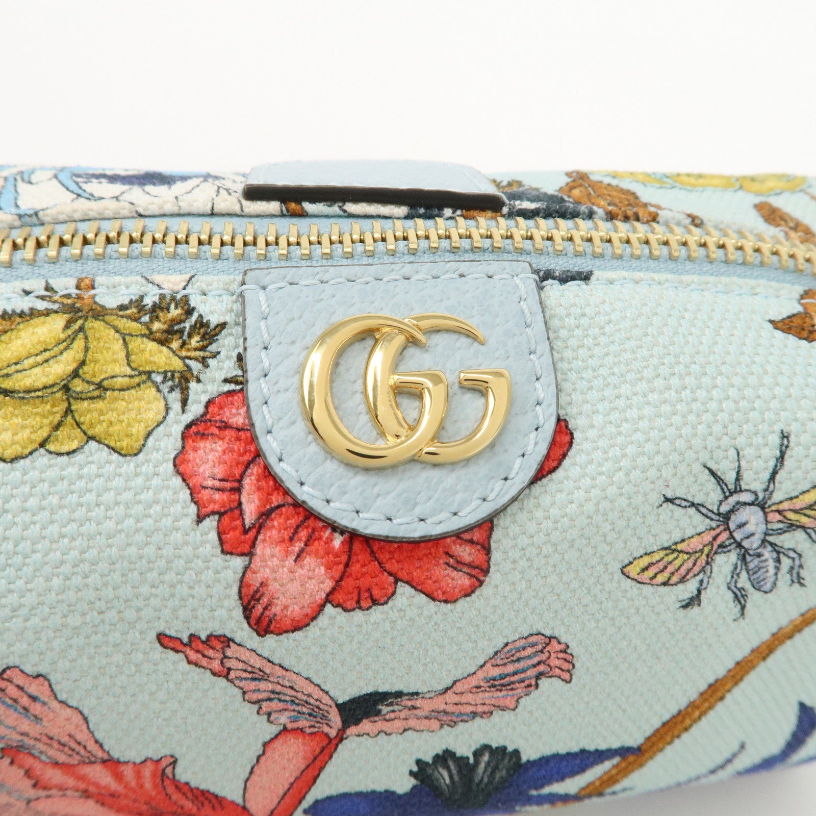 GUCCI Ophidia GG Flora Canvas Leather Pouch Blue 577355 Used