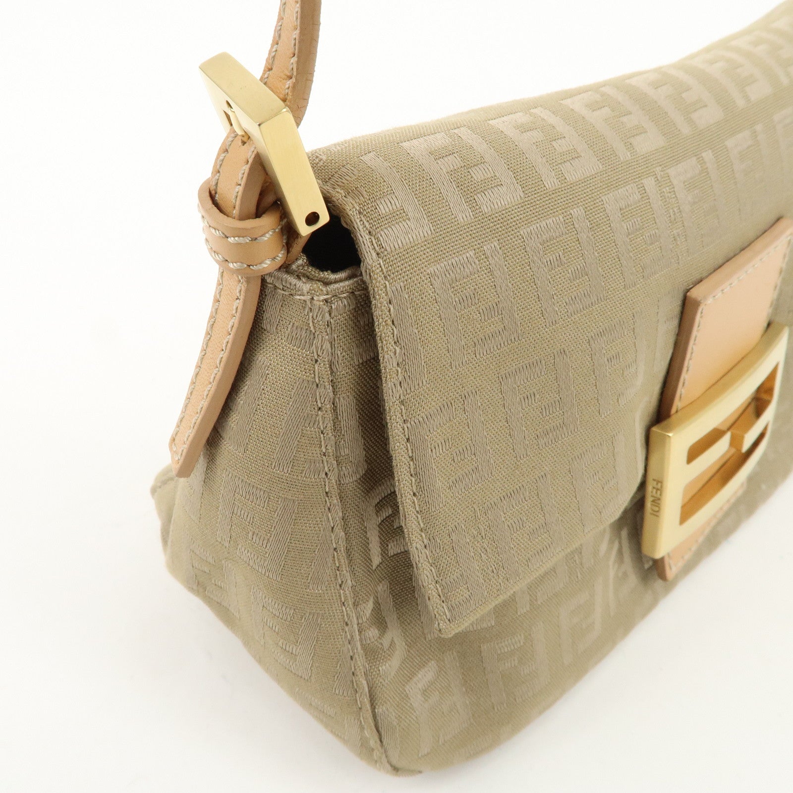 FENDI Mini Mamma Baguette Zucchino Canvas Leather Shoulder Bag Used