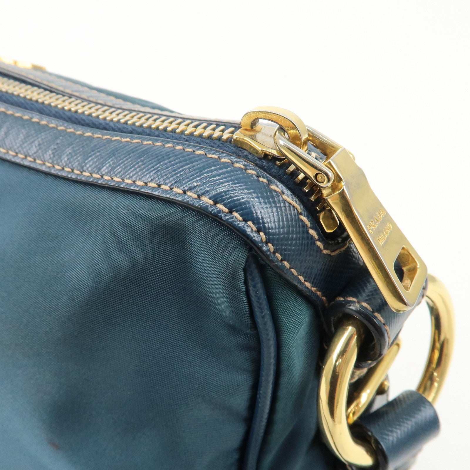 PRADA Nylon Leather Shoulder Bag Hand Bag Navy Gold HDW