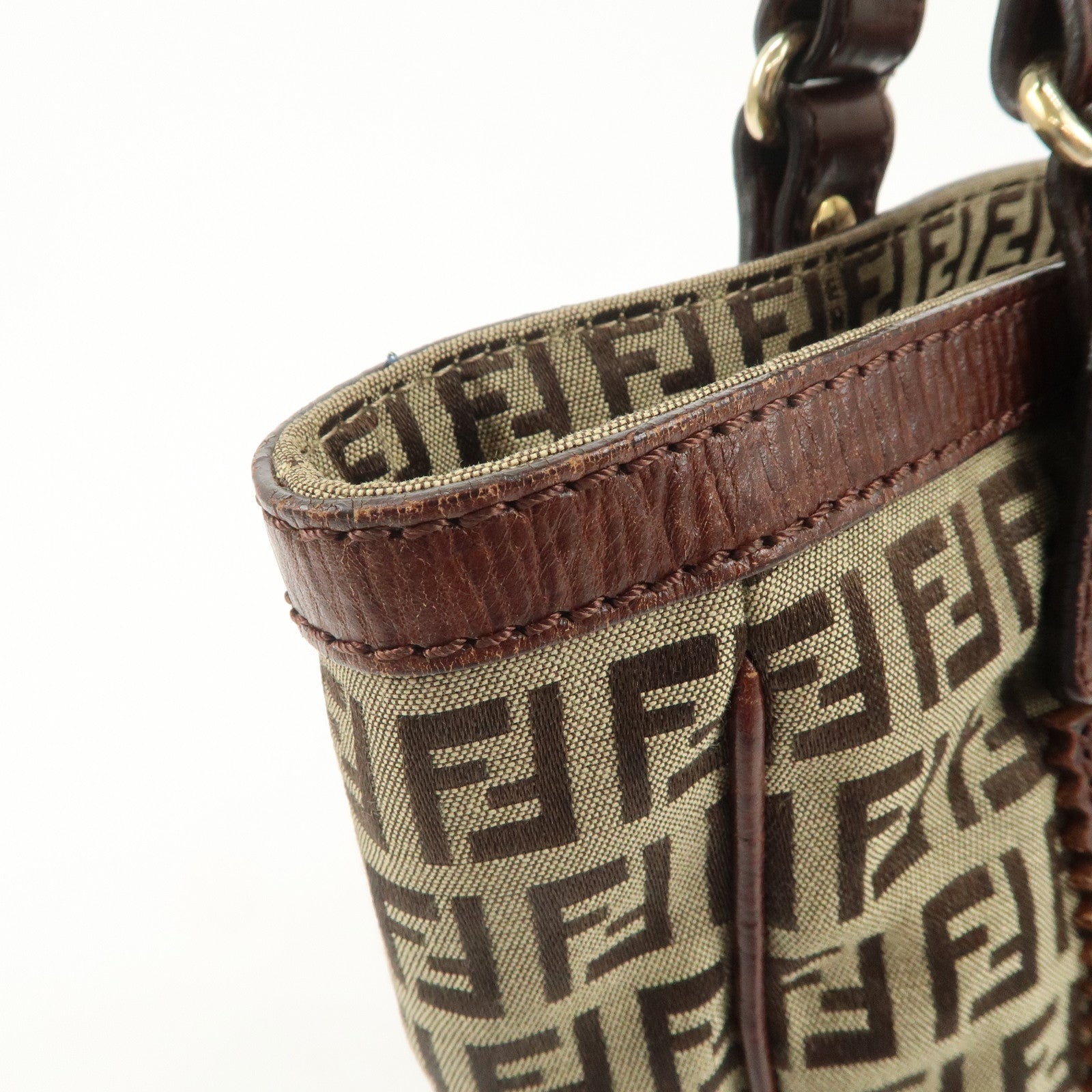 FENDI Zucchino Canvas Leather Tote Bag Khaki Brown 8BH161 Used