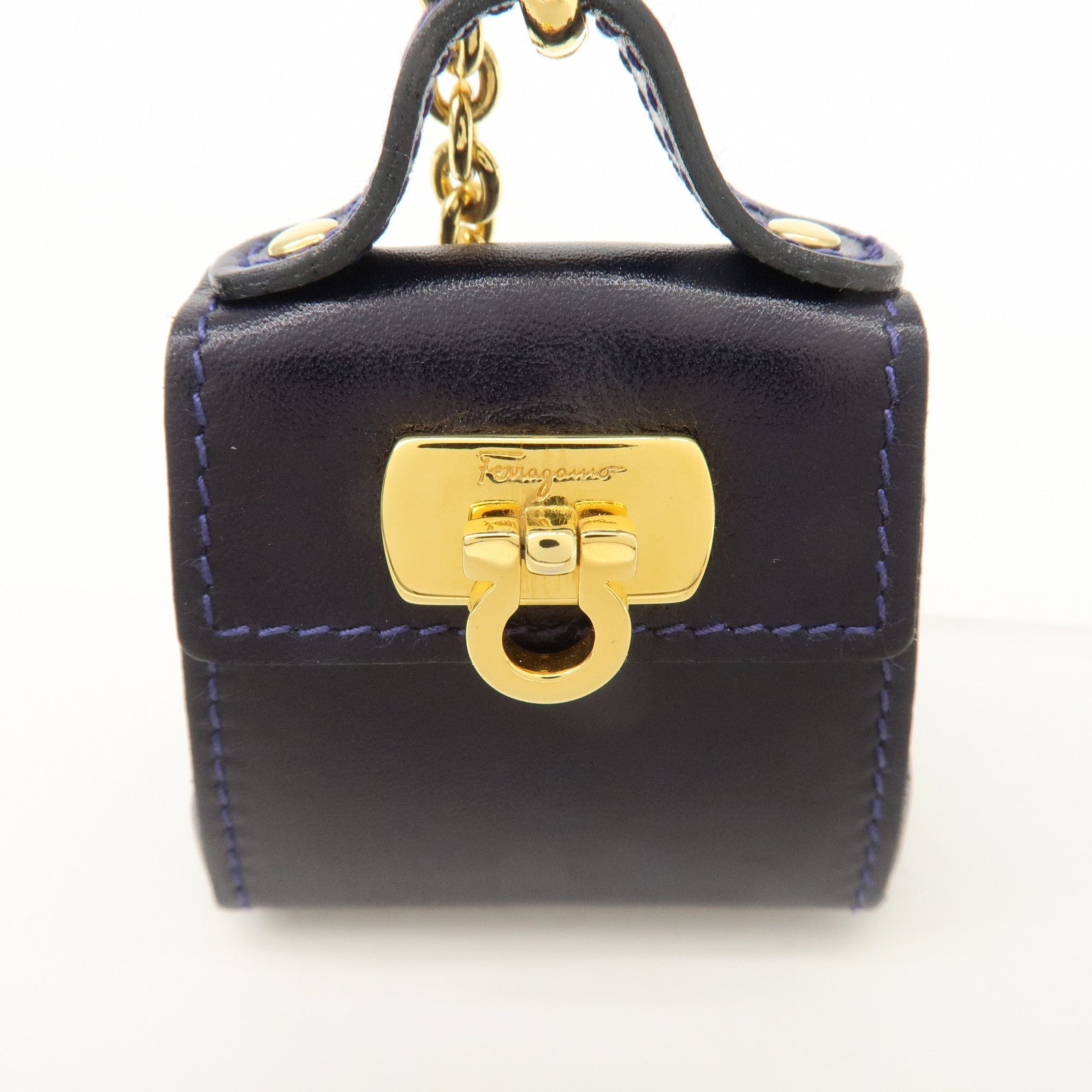 Ferragamo Leather Gancini Bag Motif Charm Dark Purple 22.5641