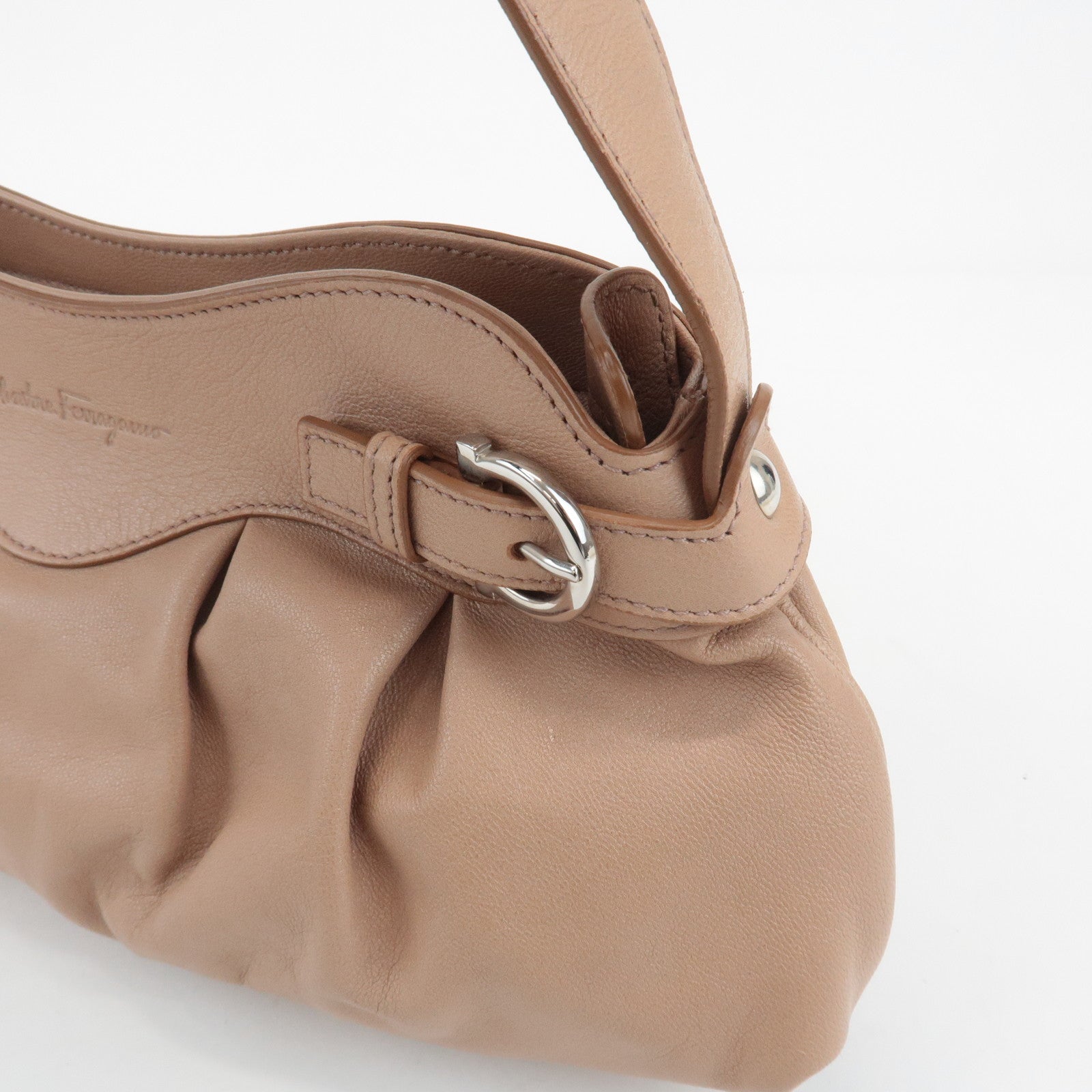 Ferragamo Gancini Leather Shoulder Bag Beige Silver Hardware Used