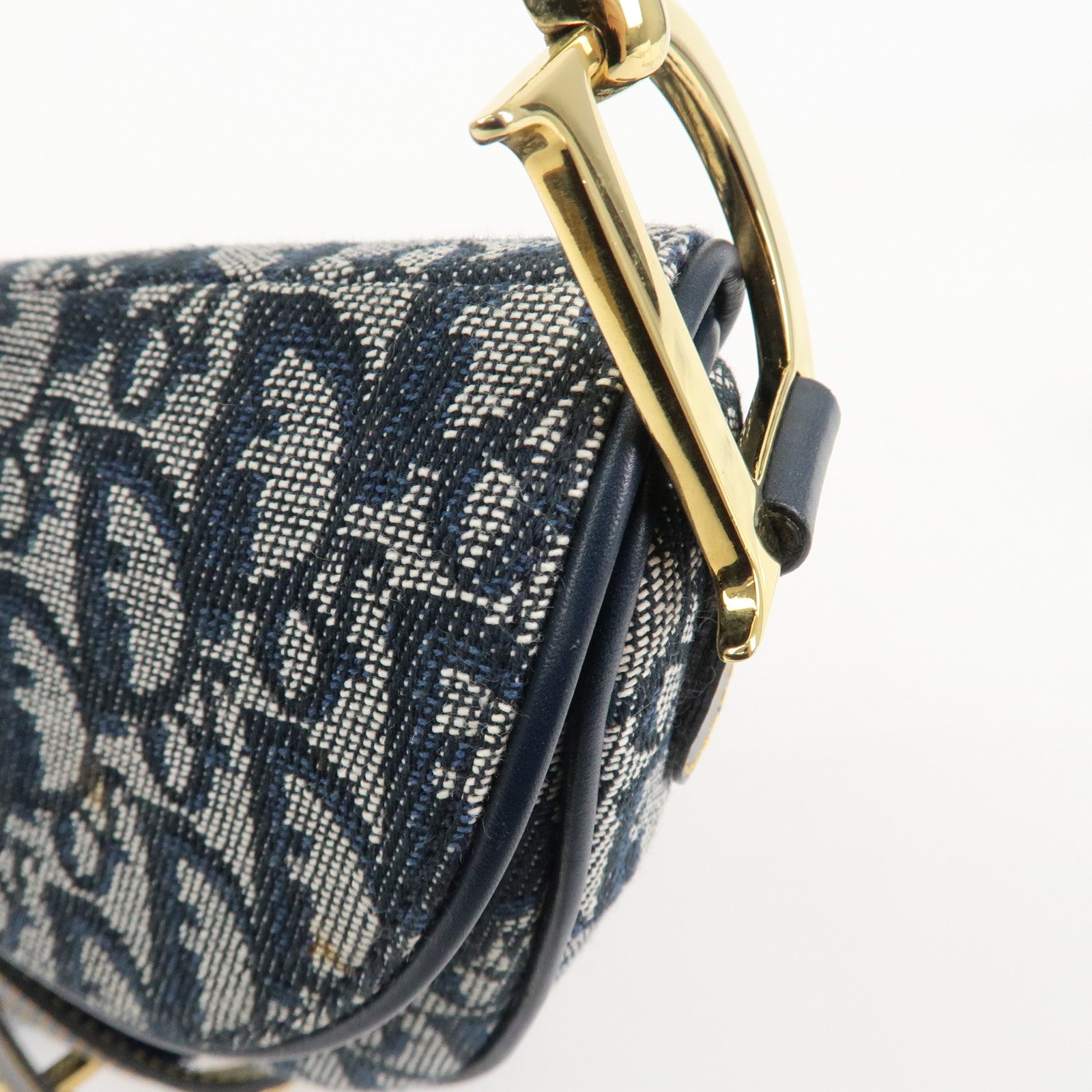 Christian Dior Trotter Jacquard Leather Saddle Shoulder Bag Navy Used