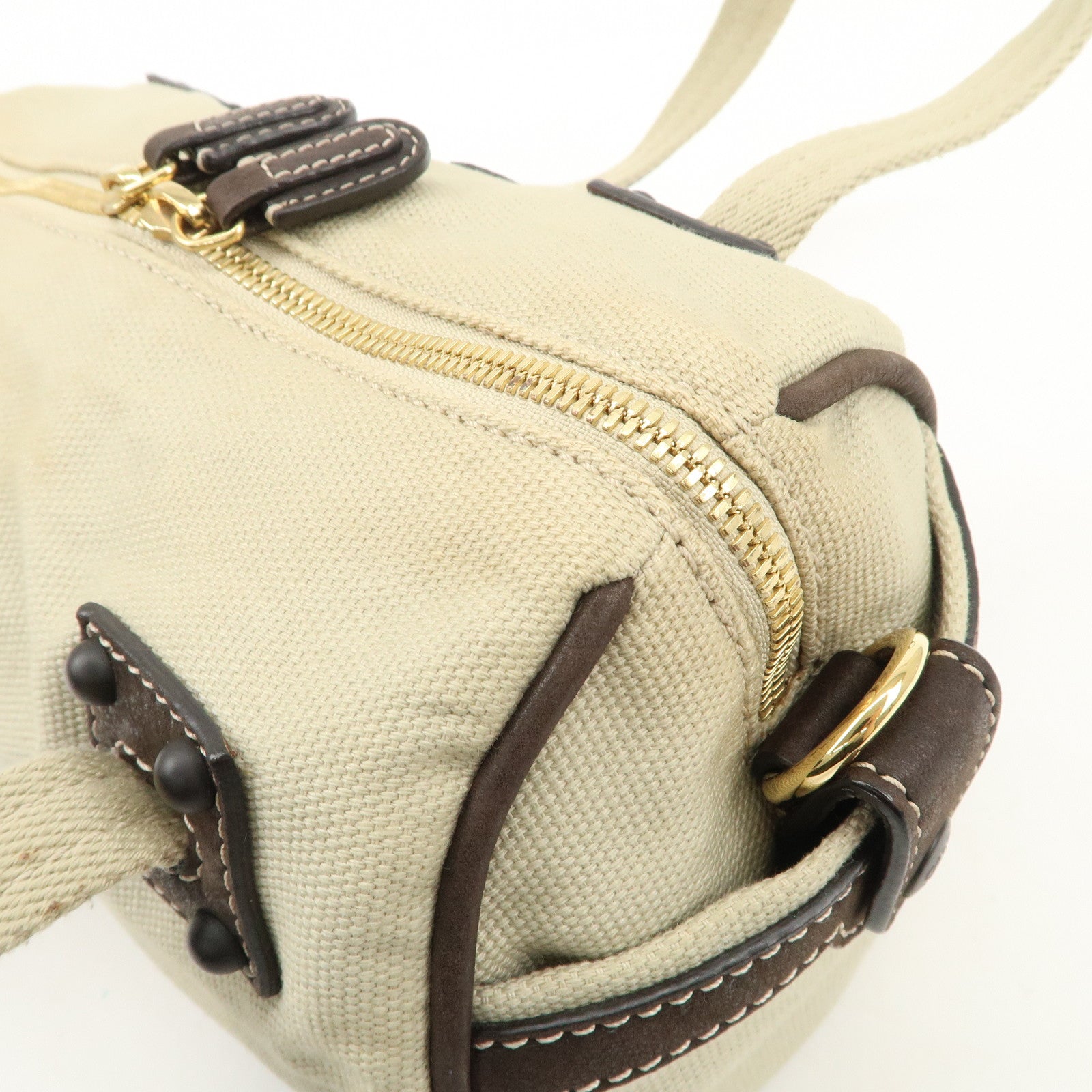 LOEWE Anagram Canvas Leather Mini Boston Bag Ivory Dark Brown Used