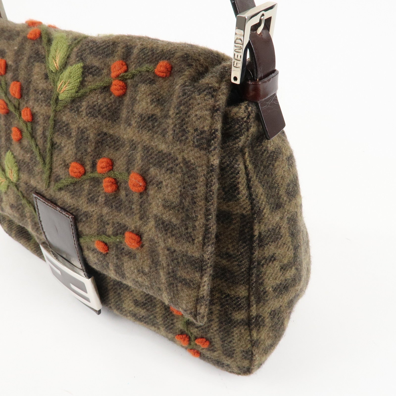 FENDI Mamma Baguette Zucca Wool Leather Shoulder Bag Flower Used