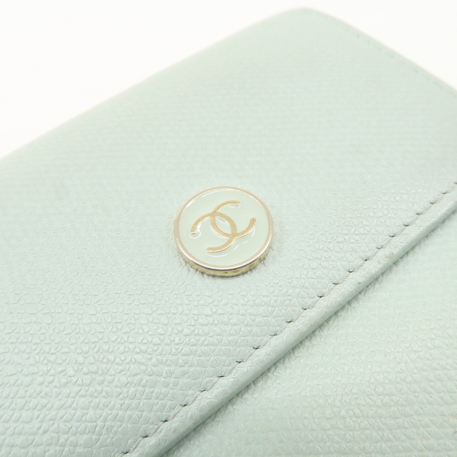 CHANEL COCO Button Leather Double Hook Wallet Mint blue A20902 Used