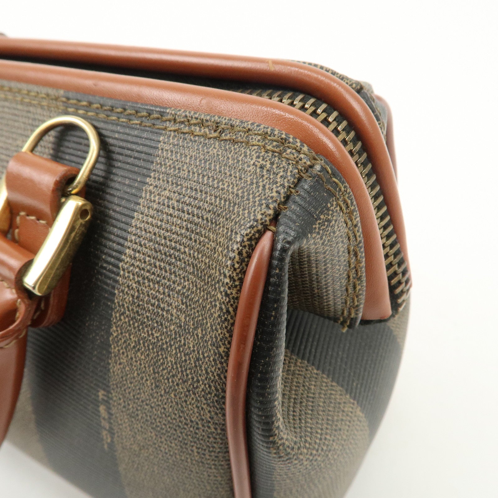 FENDI Pequin PVC Leather 2Way Mini Boston Bag Brown Black Used