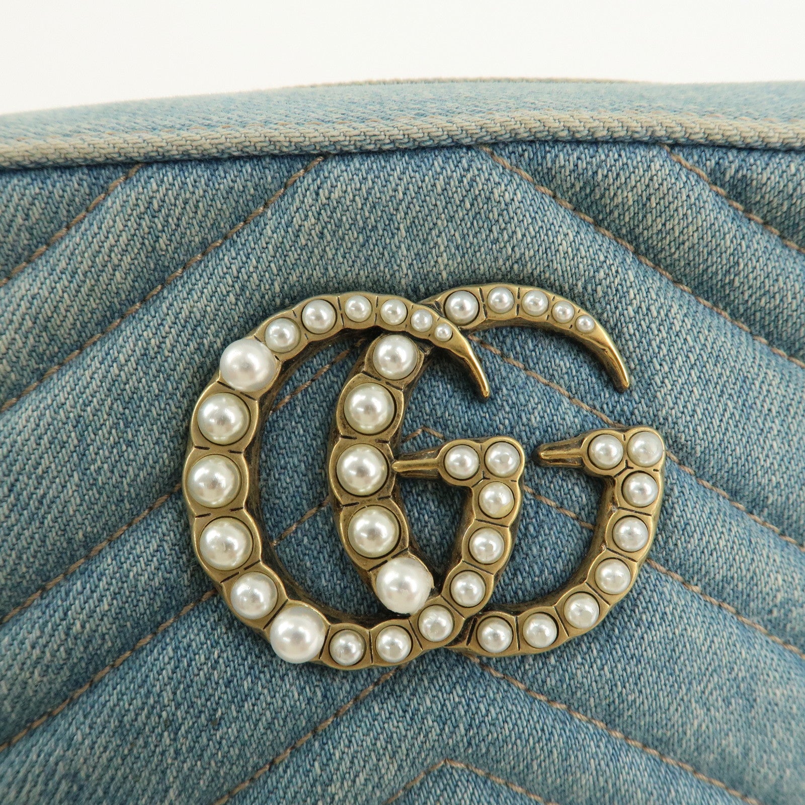 GUCCI GG Marmont Denim Leather Chain Shoulder Bag LIght Blue447632