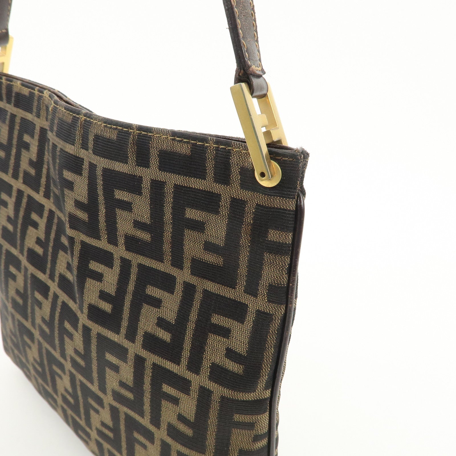 FENDI Zucca Canvas Leather Shoulder Bag Brown Black Gold Hardware