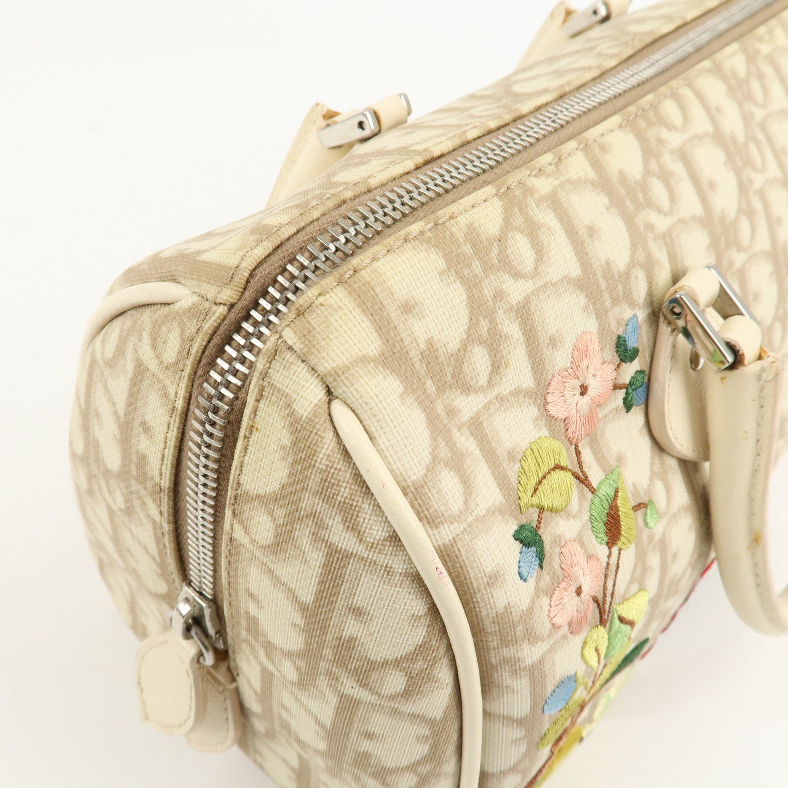 Christian Dior Trotter PVC Leather Boston Bag Flower Embroidery