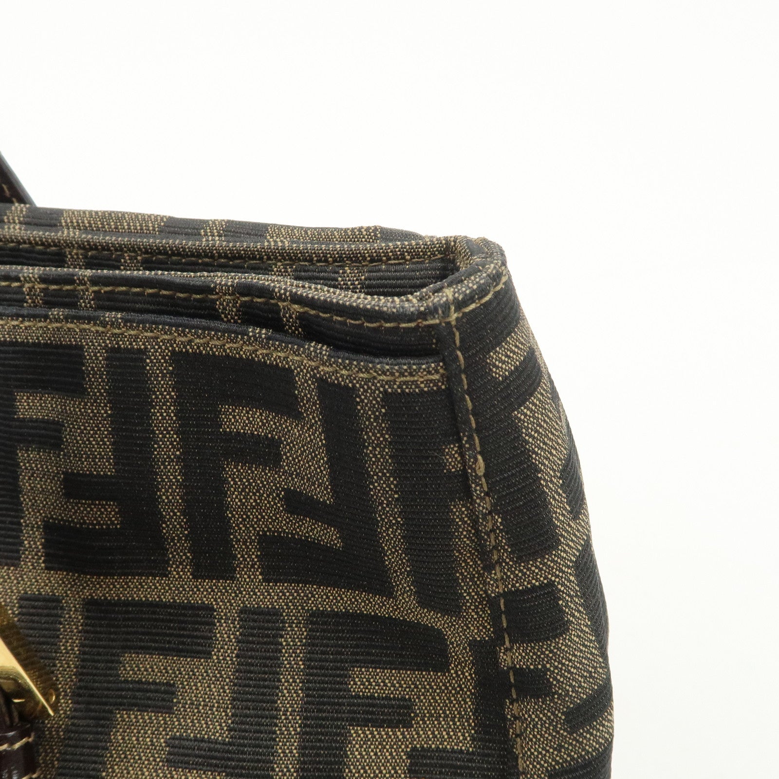 FENDI Zucca Canvas Leather Hand Bag Brown Black Gold Hardware Used