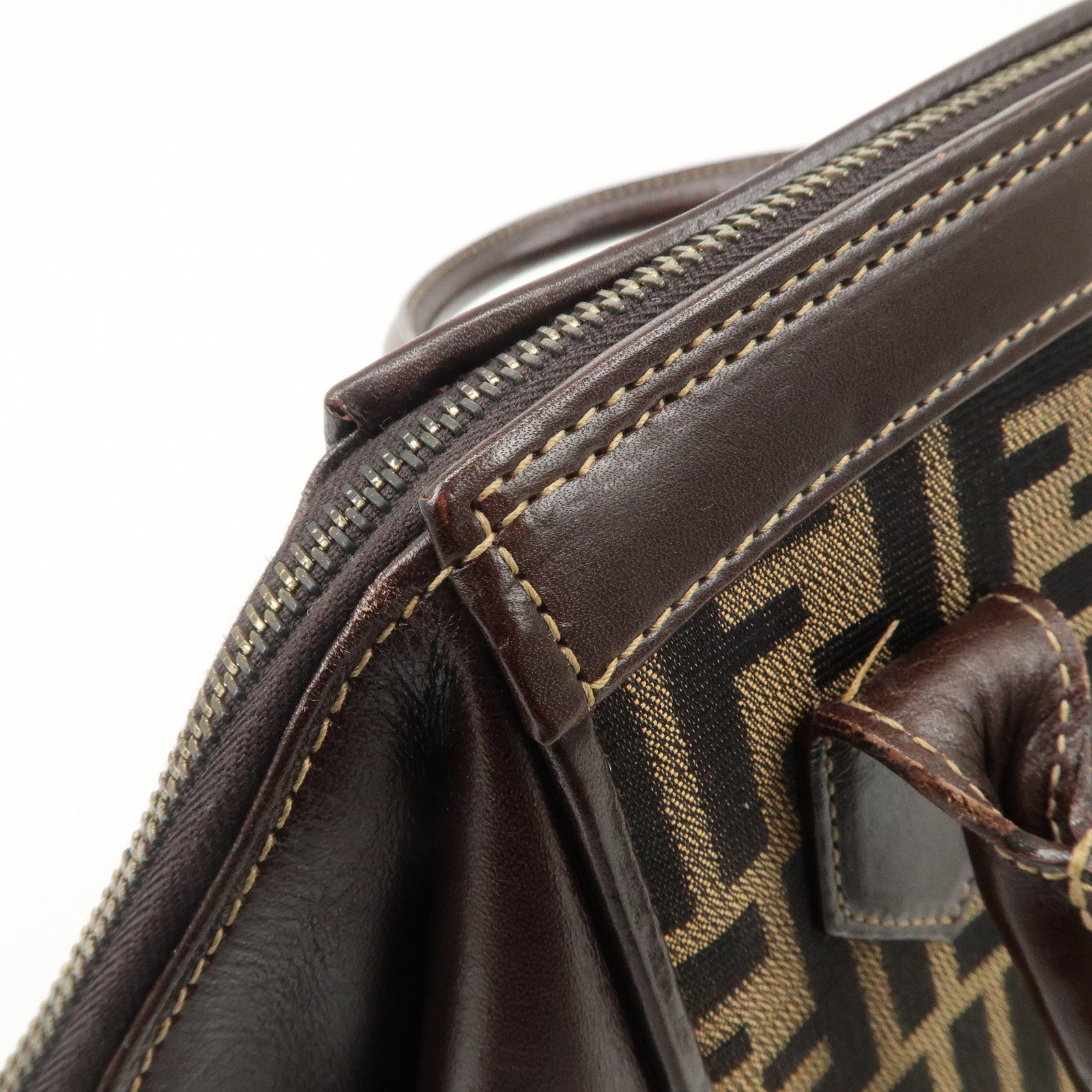 FENDI Zucca Canvas Leather 2 way Leather Hand Bag Shoulder Bag Used
