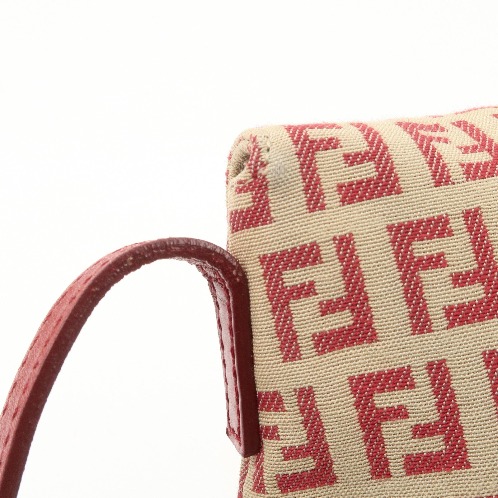 FENDI Zucchino Canvas Leather Shoulder Bag Beige Red 8BT075 Used