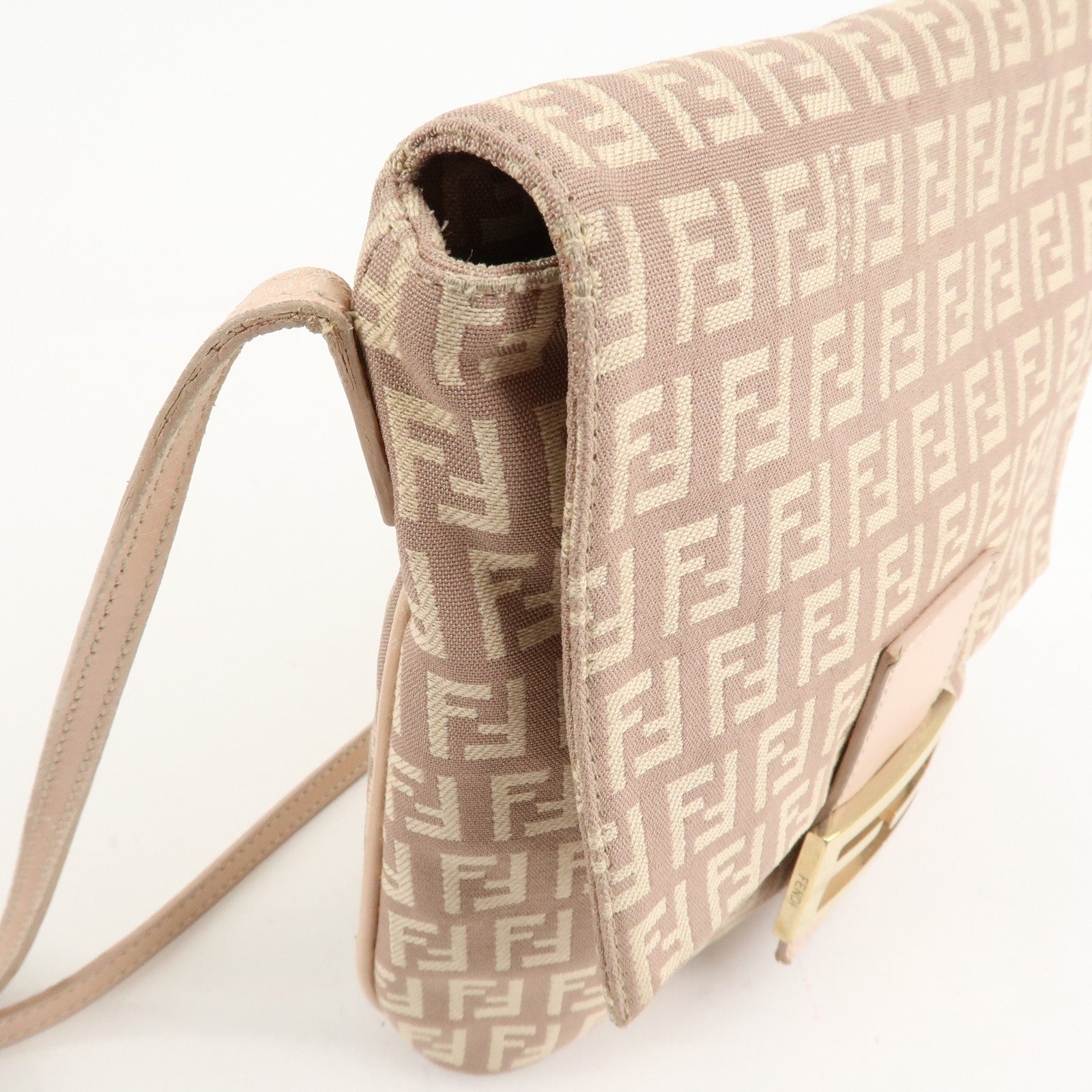 FENDI Zucchino Canvas Leather Shoulder Bag Pink Beige 8BT075