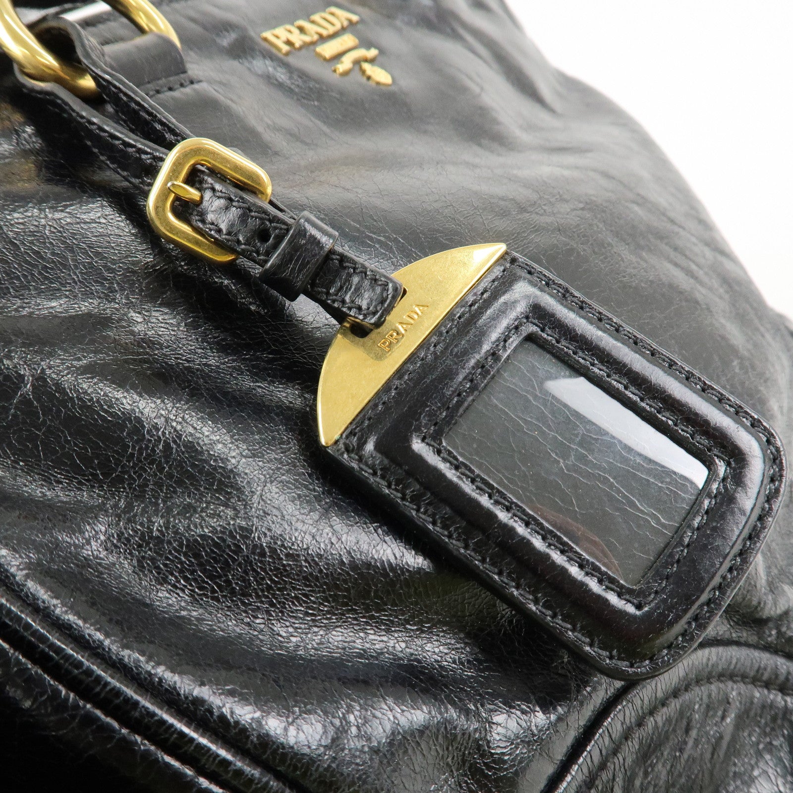 PRADA Leather 2way Bag Hand Bag Shoulder Bag Black Gold HDW