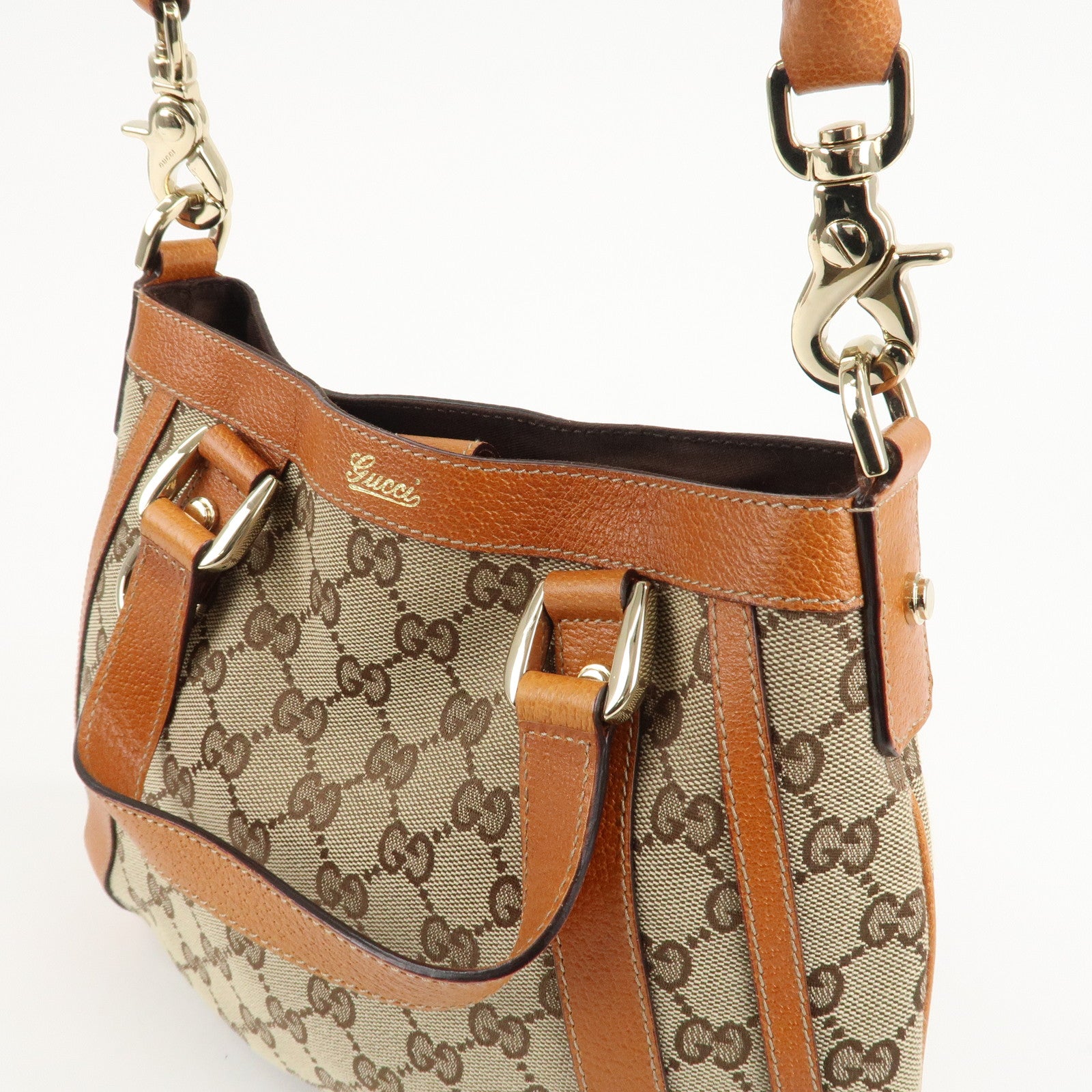 GUCCI GG Canvas Leather 2Way Shoulder Bag Beige Brown 146246