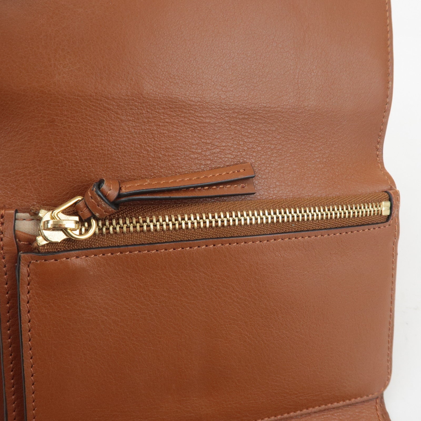 CHLOE Alphabet Leather Small Tri-fold Compact Wallet Brown Used