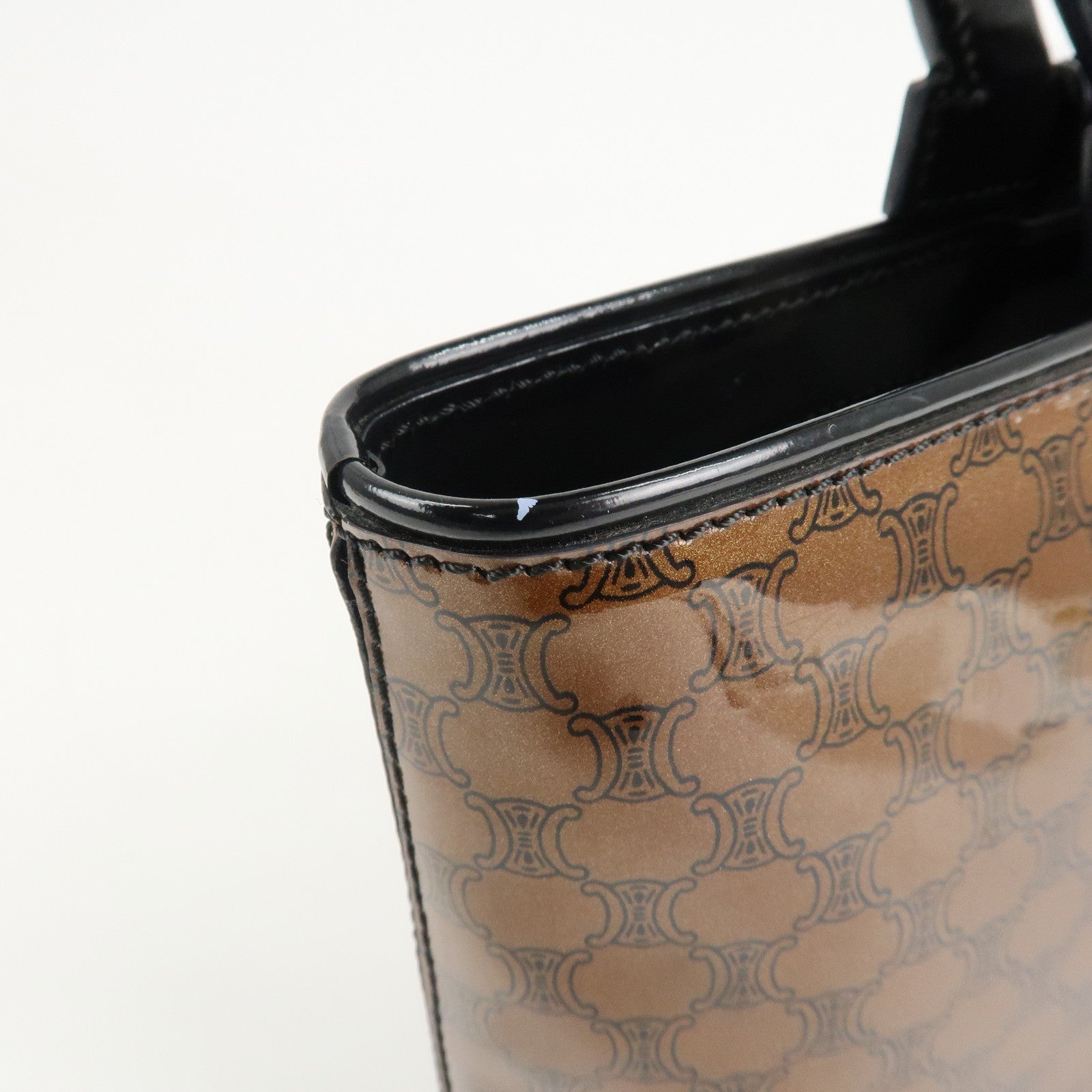 CELINE Macadam Patent Leather Mini Tote Bag Hand Bag Brown Black Used