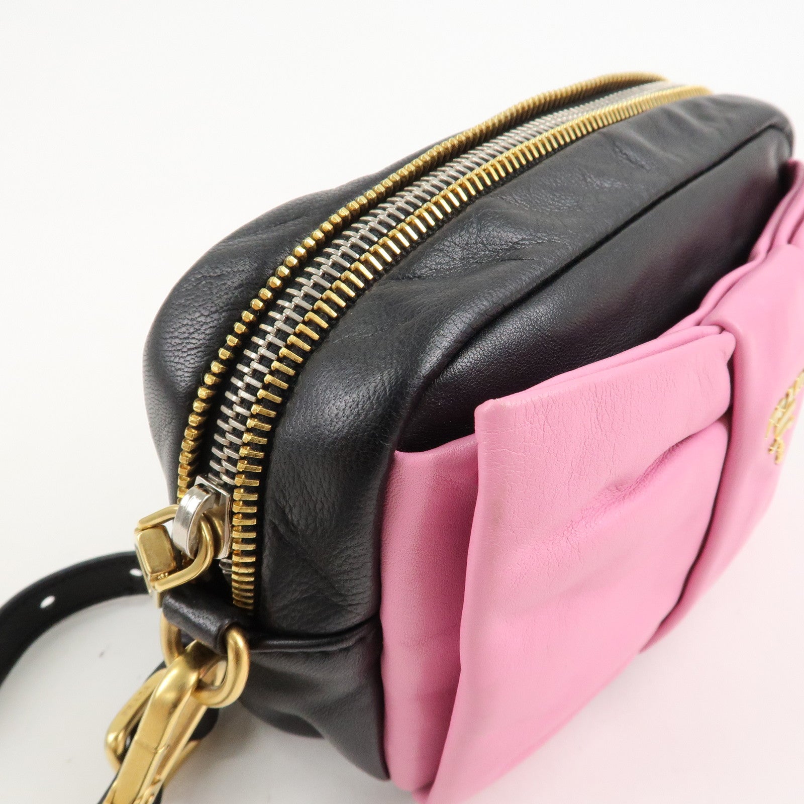 PRADA Logo Leather Ribbon Shoulder Bag Pink Black BP0166