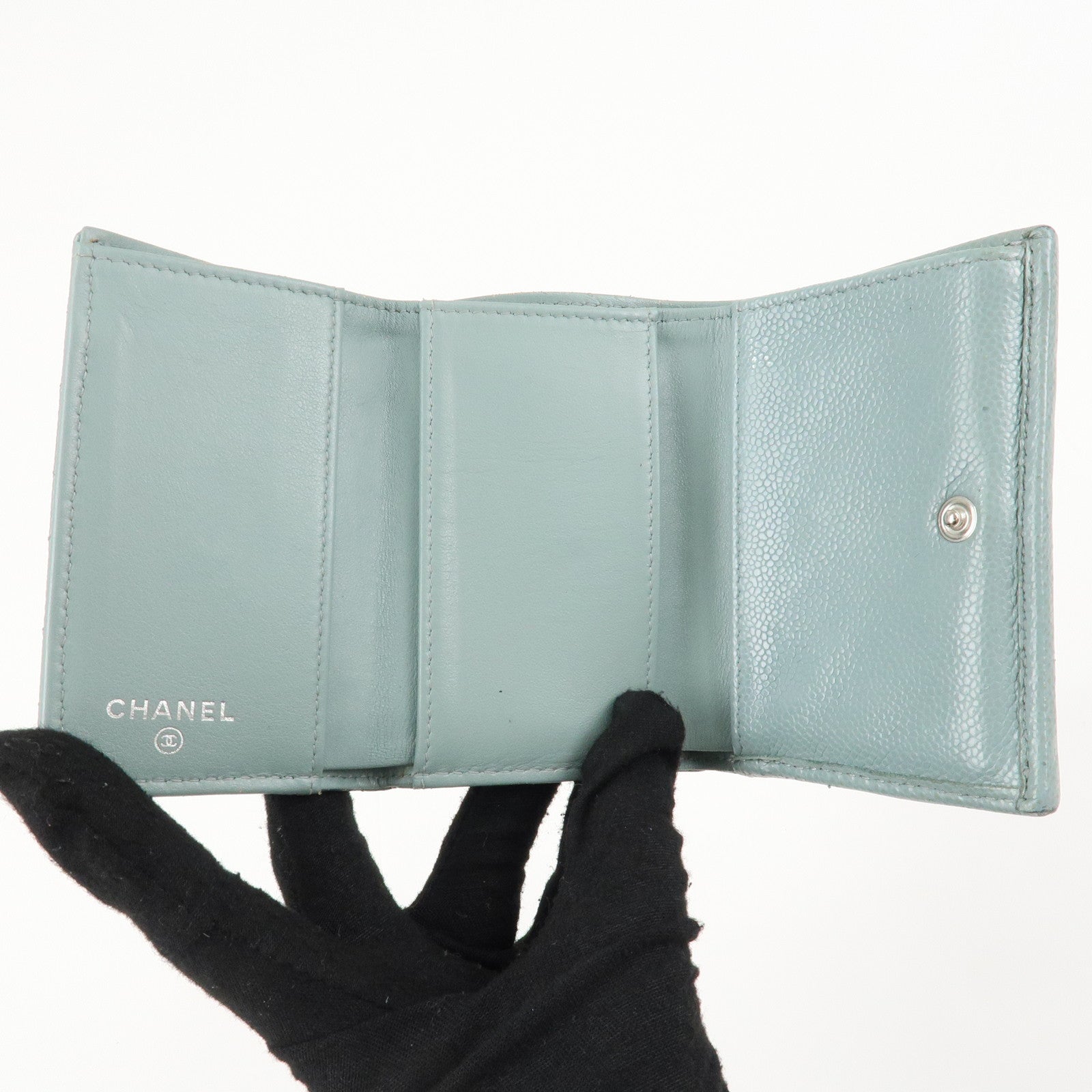 CHANEL Matelasse Caviar Skin Tri-fold Wallet Blue 60809 Used