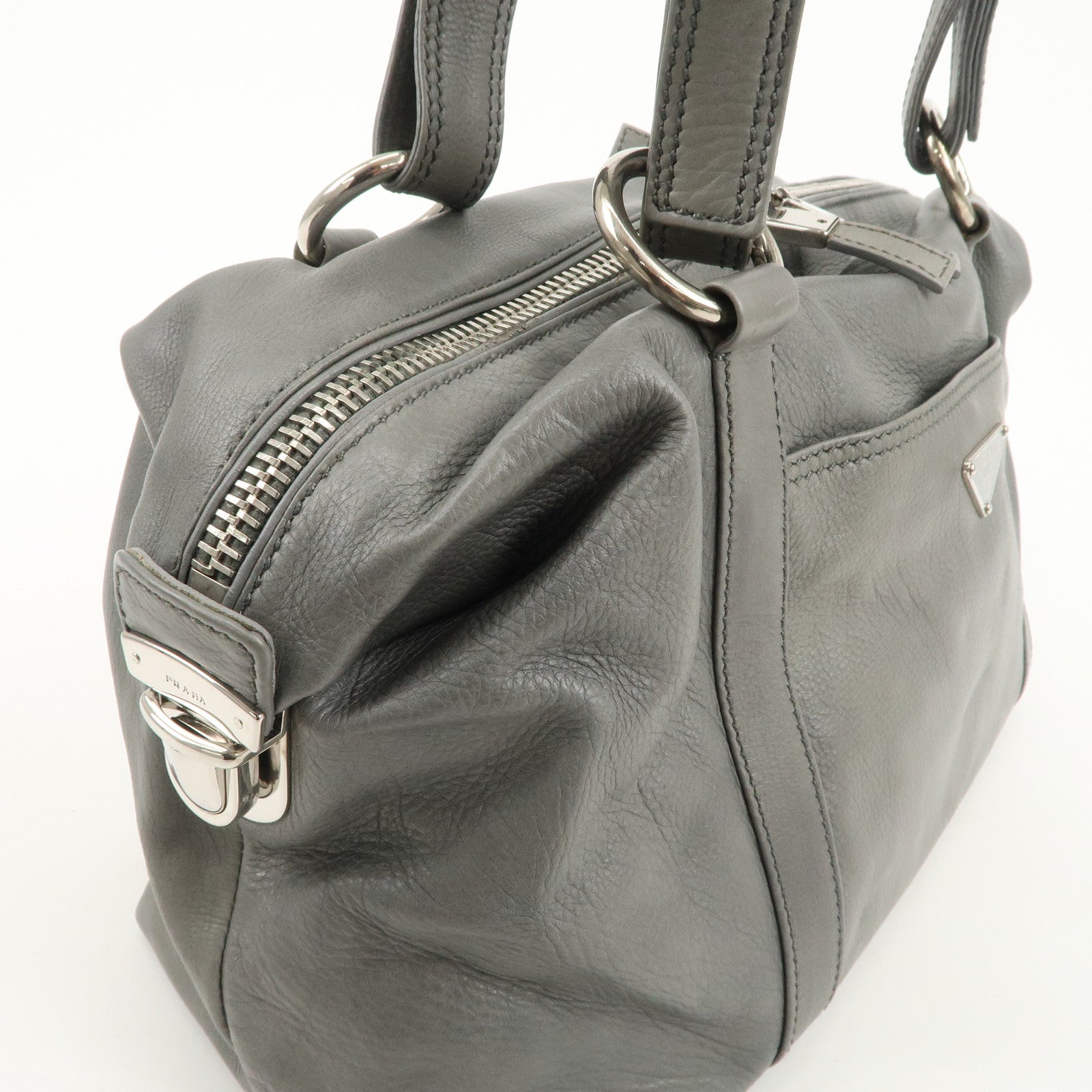 PRADA Leather Boston Bag Shoulder Bag Gray Silver Hardware