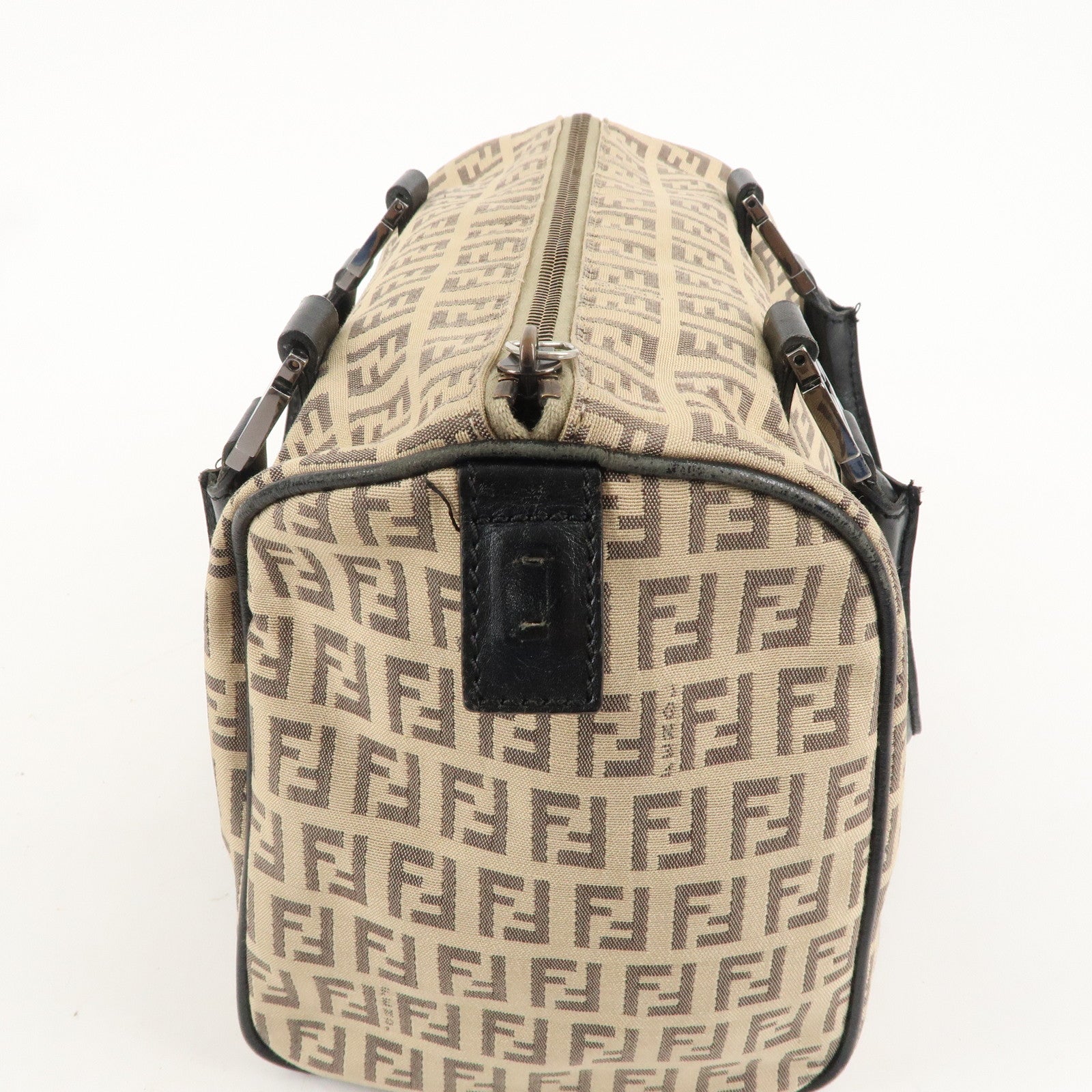 FENDI Zucchino Canvas Leather Mini Boston Bag Beige Black