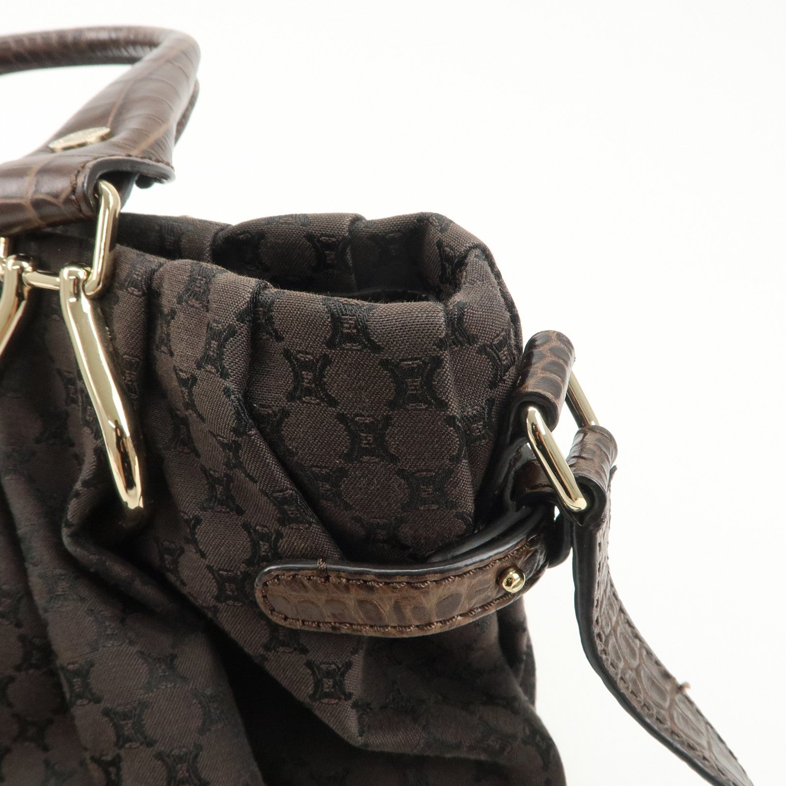 CELINE Macadam Canvas Leather 2Way Bag Gold Charm Dark Brown Used