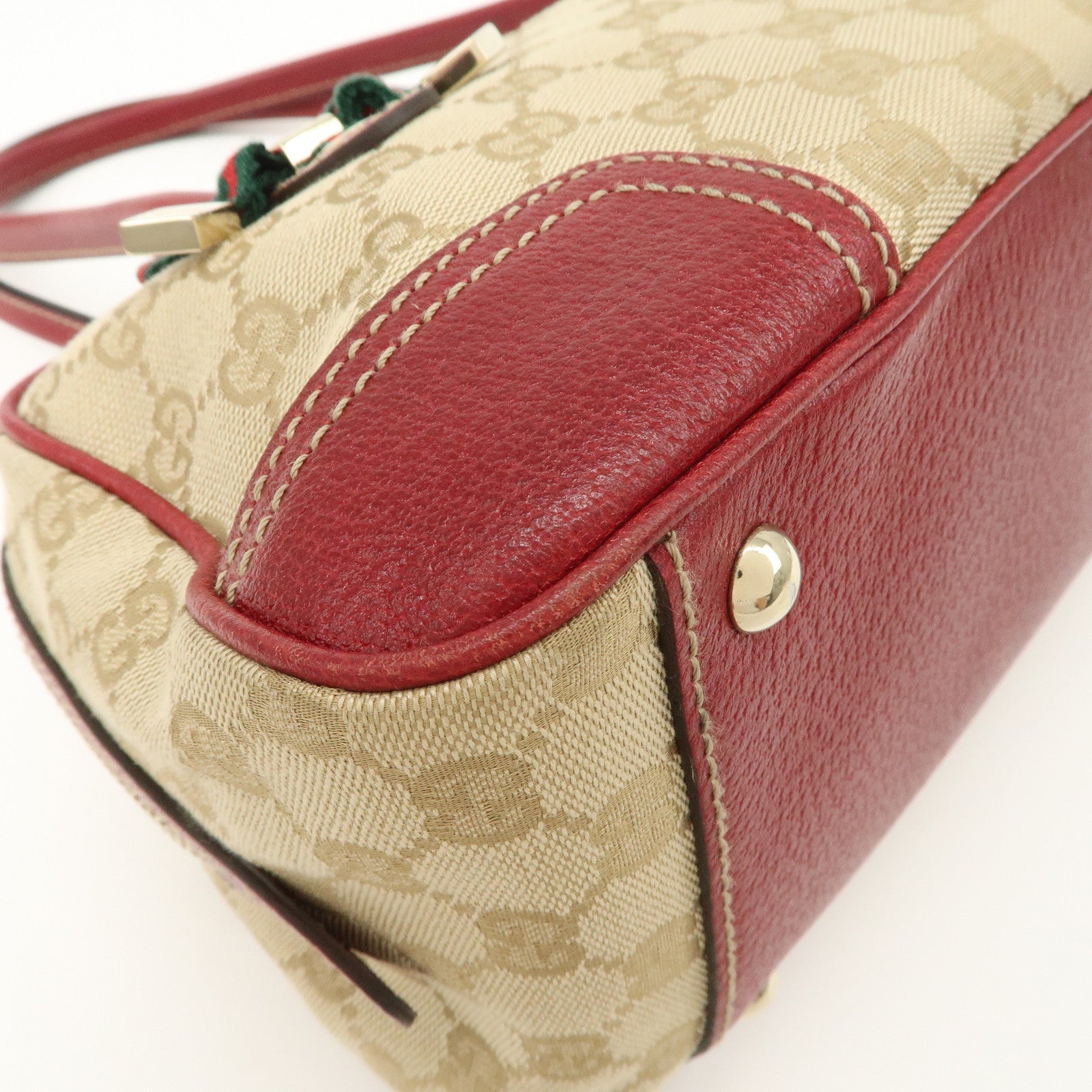 GUCCI Sherry Princy Leather GG Canvas Boston Bag Beige Red 161720