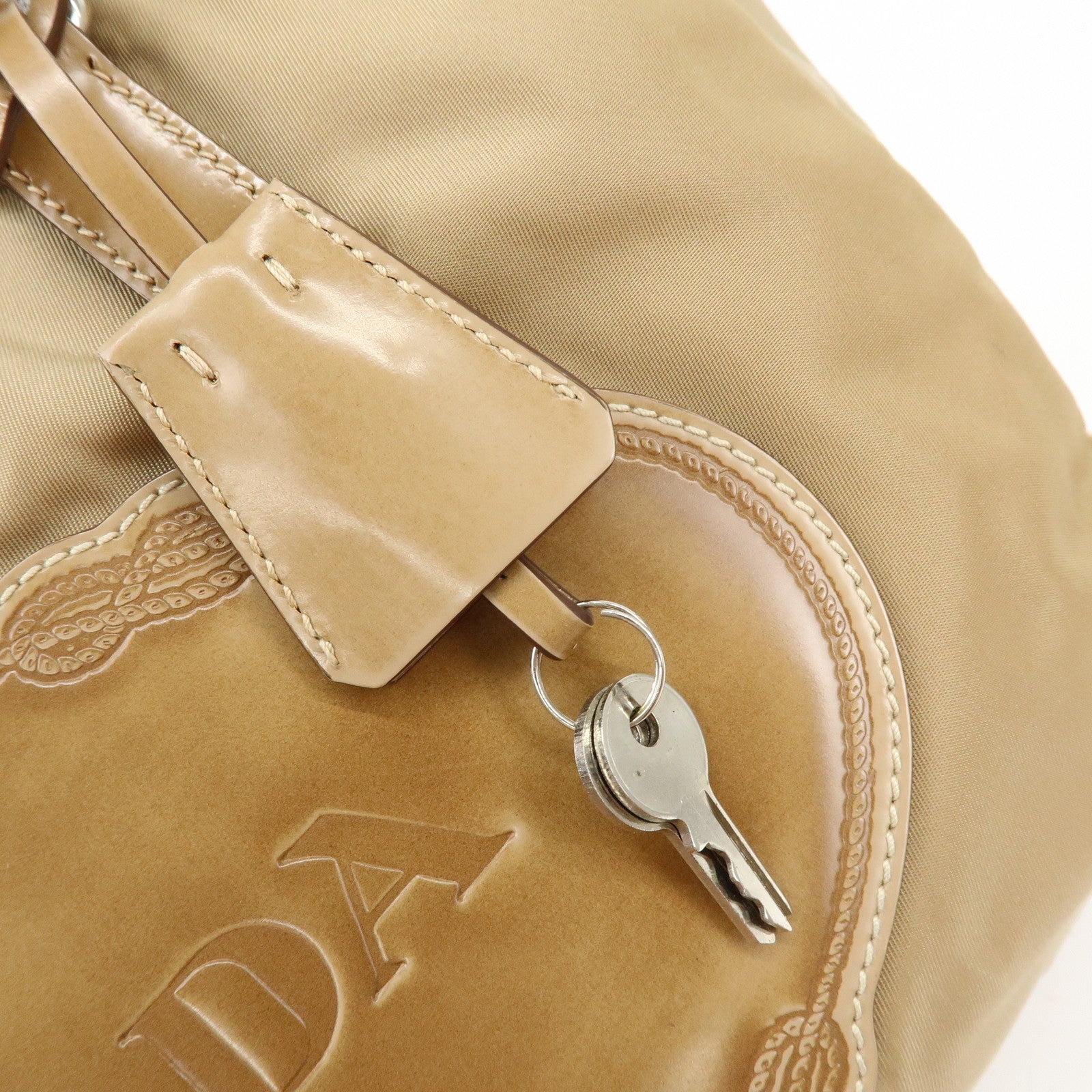 PRADA Logo Nylon Leather Shoulder Bag Boston Bag Beige BR3150