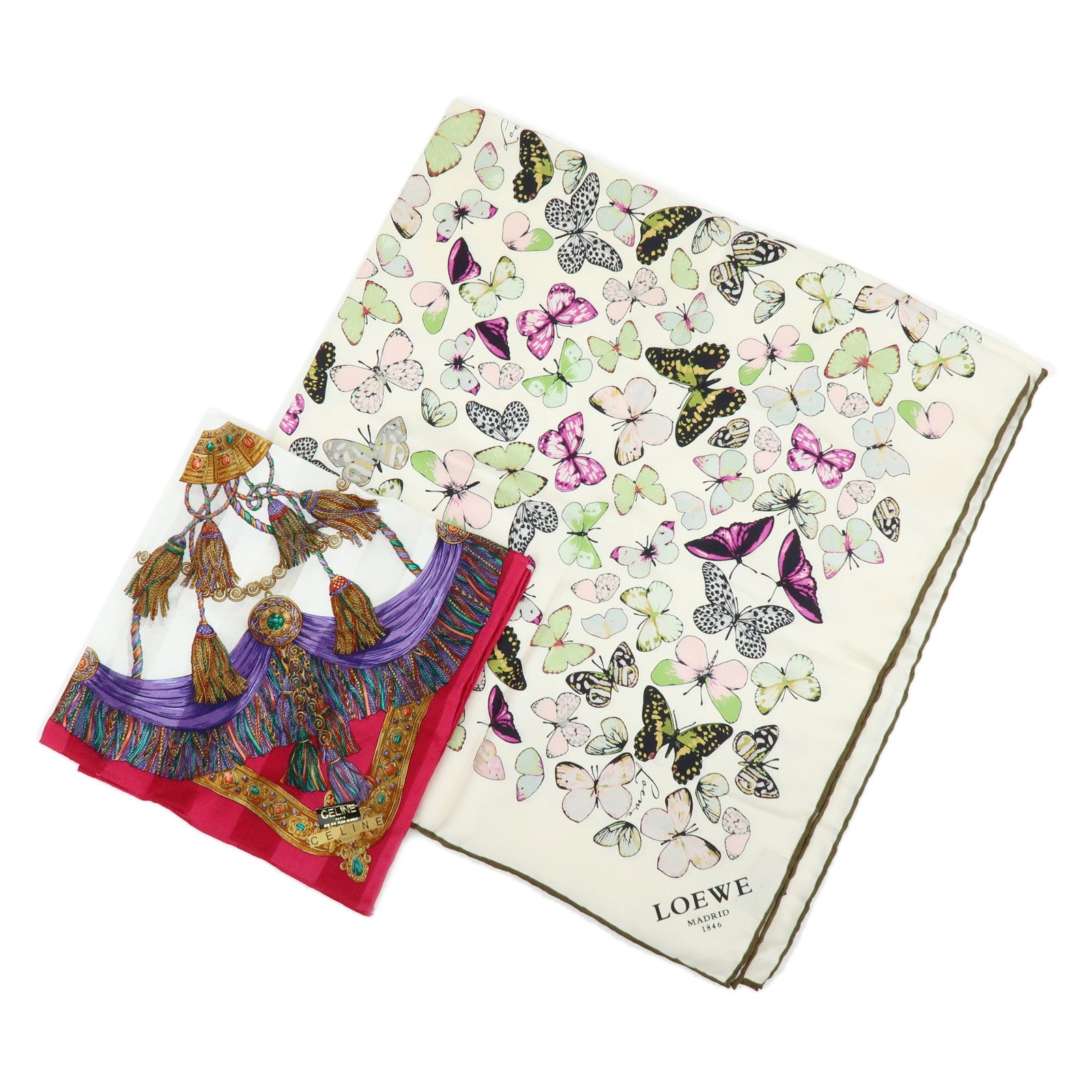 LOEWE CELINE Set of 2 Silk Cotton100% Scarf Butterfly Tassel