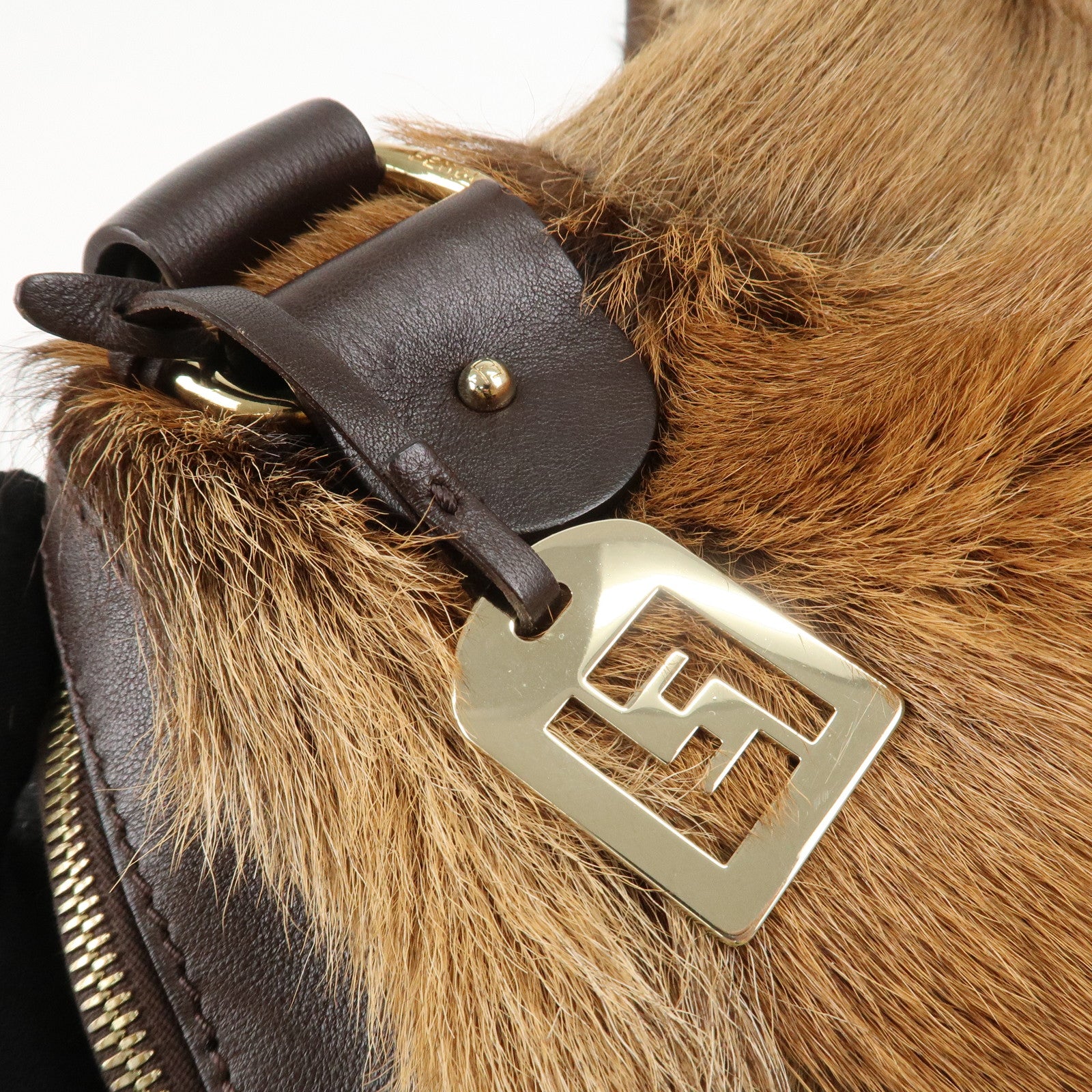FENDI Fur Leather Tote Bag Hand Bag Shoulder Bag Brown 8BR286 Used