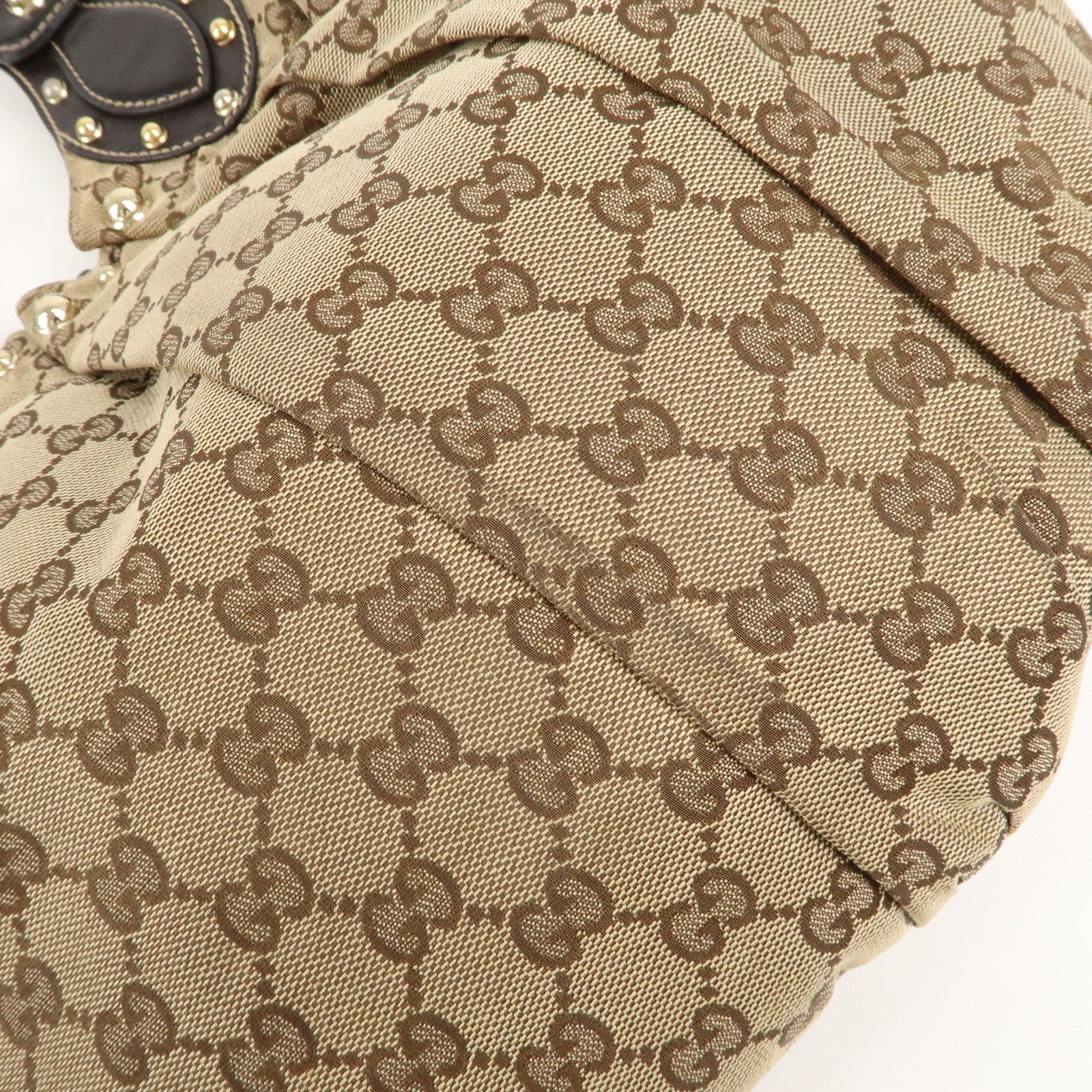 GUCCI GG Canvas Leather Studs Shoulder Bag Beige Brown 203624