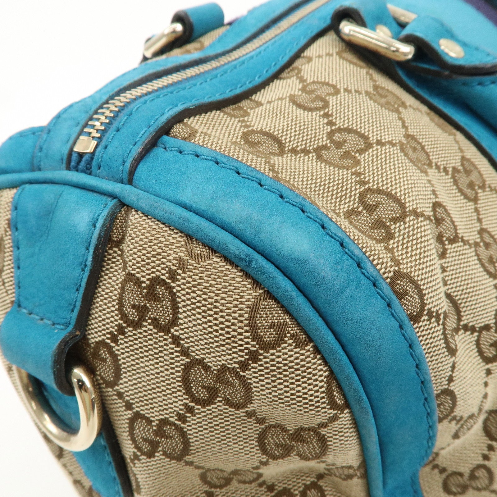 GUCCI Sherry GG Canvas Leather Boston Bag Beige Blue 247205