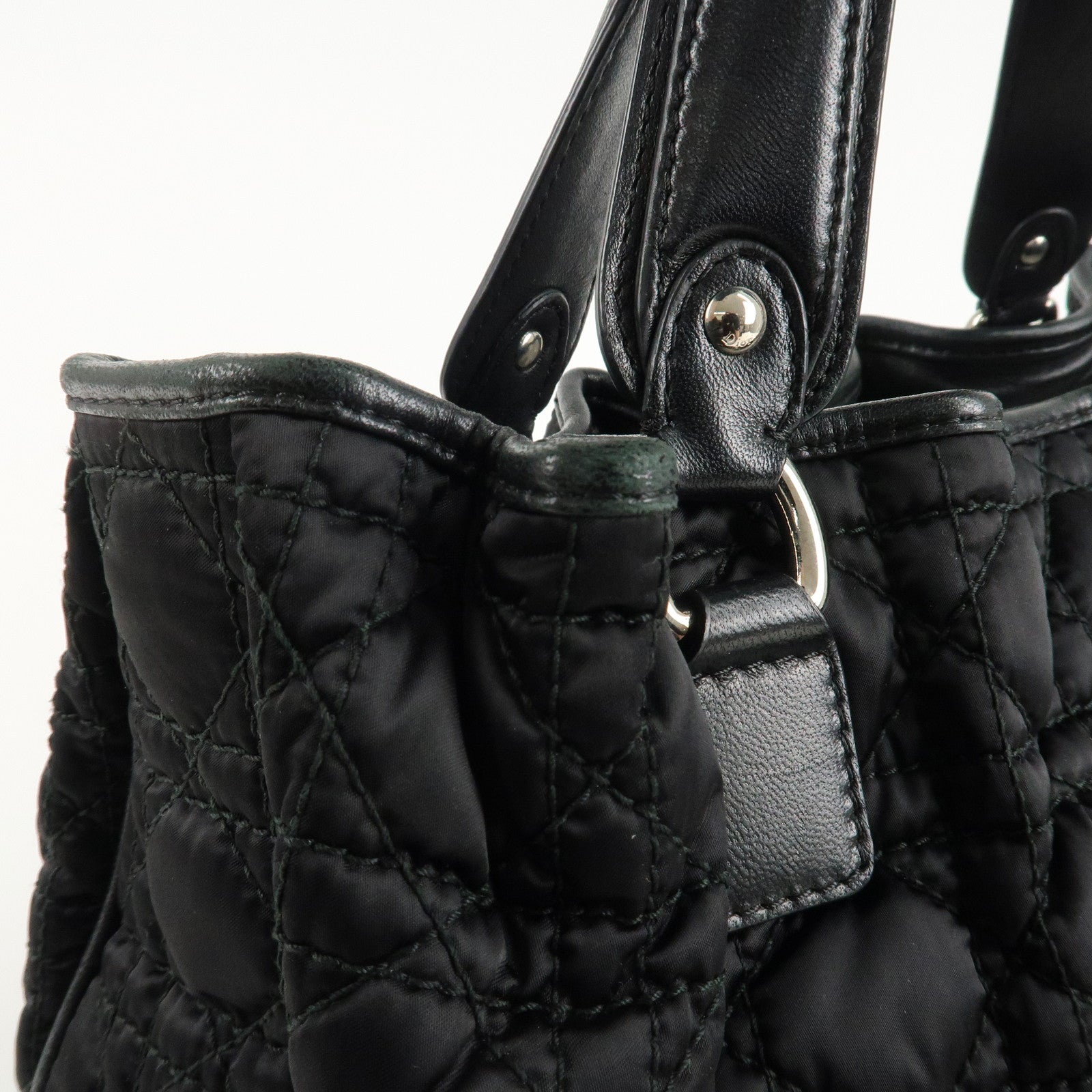 Christian Dior Cannage Nylon Leather Tote Bag Hand Bag Black