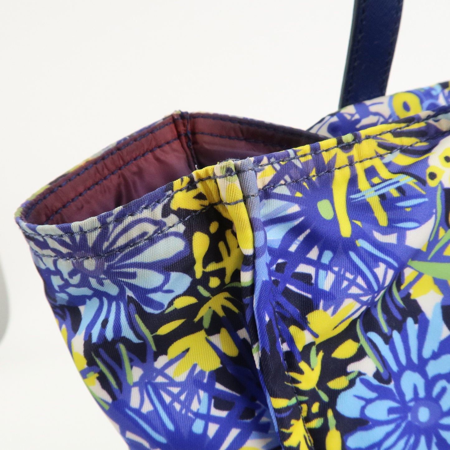 PRADA Logo Nylon Leather Tote Bag Floral Print Blue BN2851